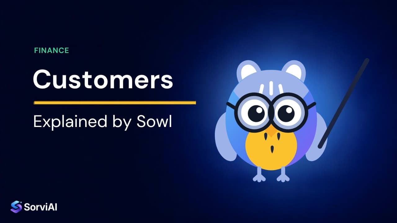 Customers, explained by Sowl: the SorviAI tutor, a blue owl in round glasses holding a pointer.