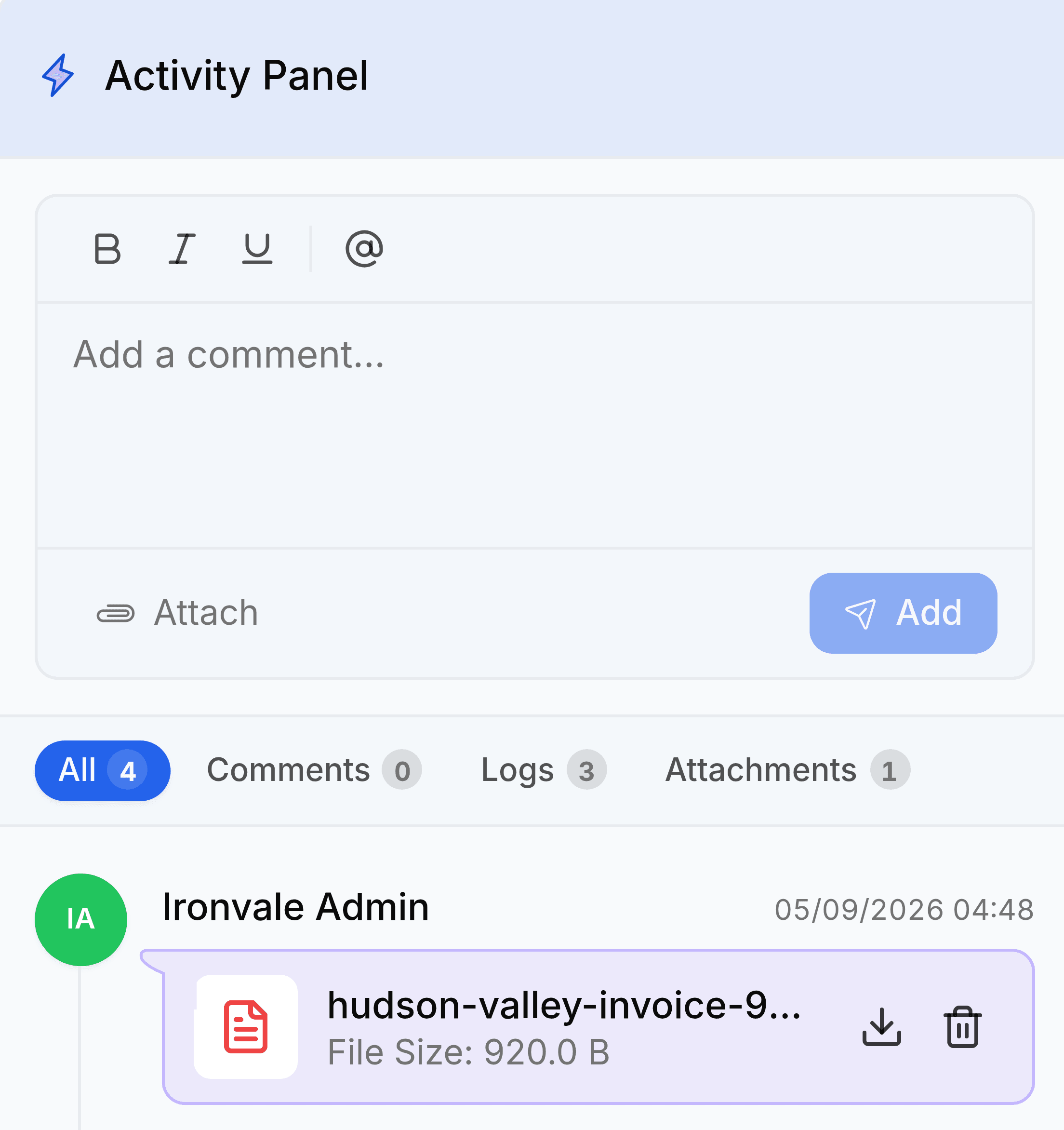 The Activity Panel on the right of an open bill. A comment box sits at the top with an Attach control beneath it. A row of tabs reads All 4, Comments 0, Logs 3 and Attachments 1, with Attachments selected. Below it one entry shows the uploading user, a timestamp, the file name hudson-valley-invoice and a file size of 920 bytes, with download and delete buttons beside it.