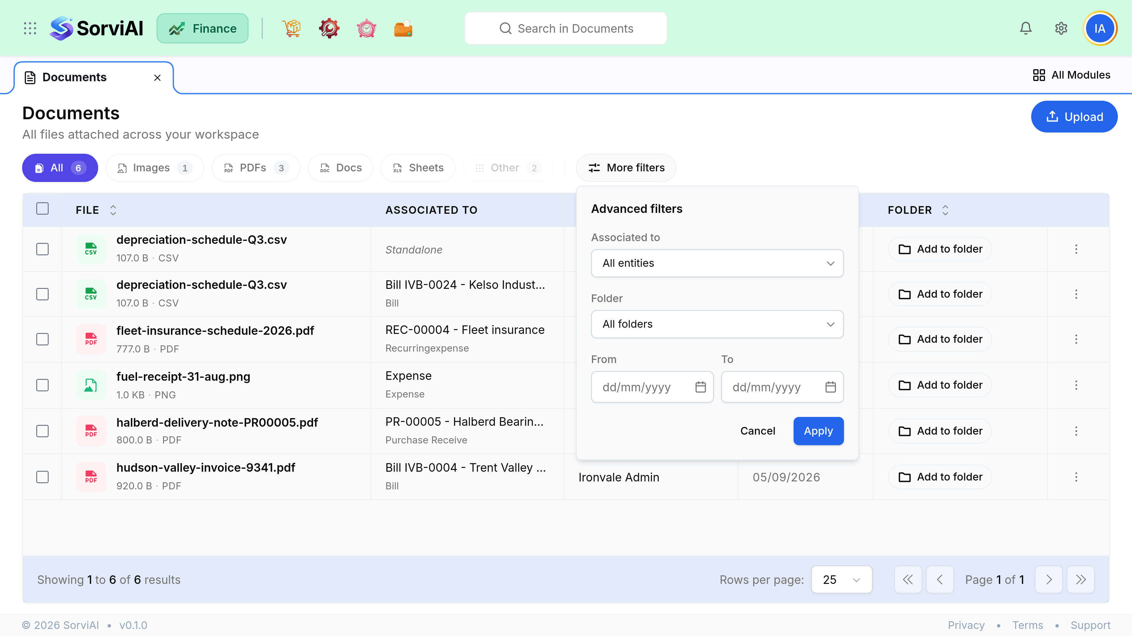 The Advanced filters popover open over the Documents table. It holds an Associated to dropdown set to All entities, a Folder dropdown set to All folders, and From and To date fields, with Cancel and Apply buttons at the foot.