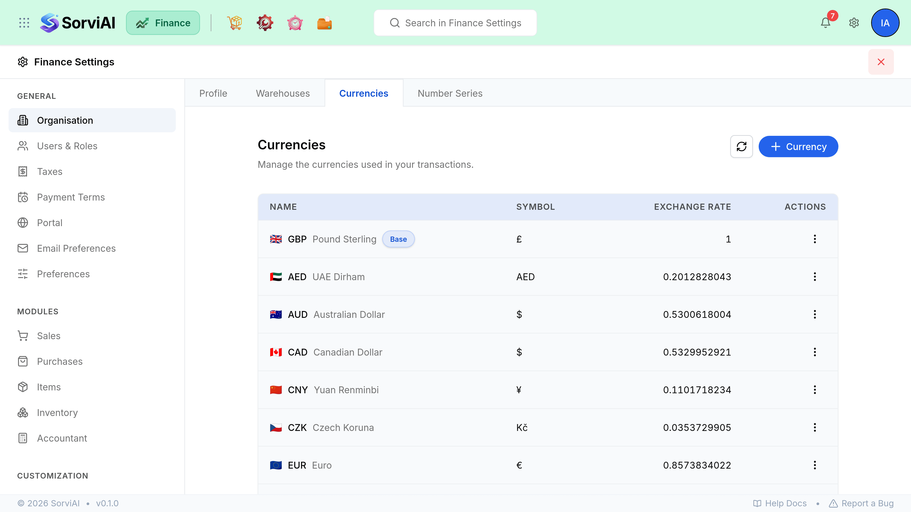 The Currencies section of Finance Settings, under Organisation, where the currencies the workspace trades in are listed with their rates.