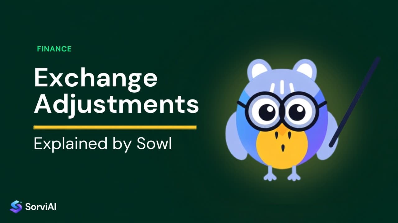 Exchange adjustments, explained by Sowl: the SorviAI tutor, a blue owl in round glasses holding a pointer.