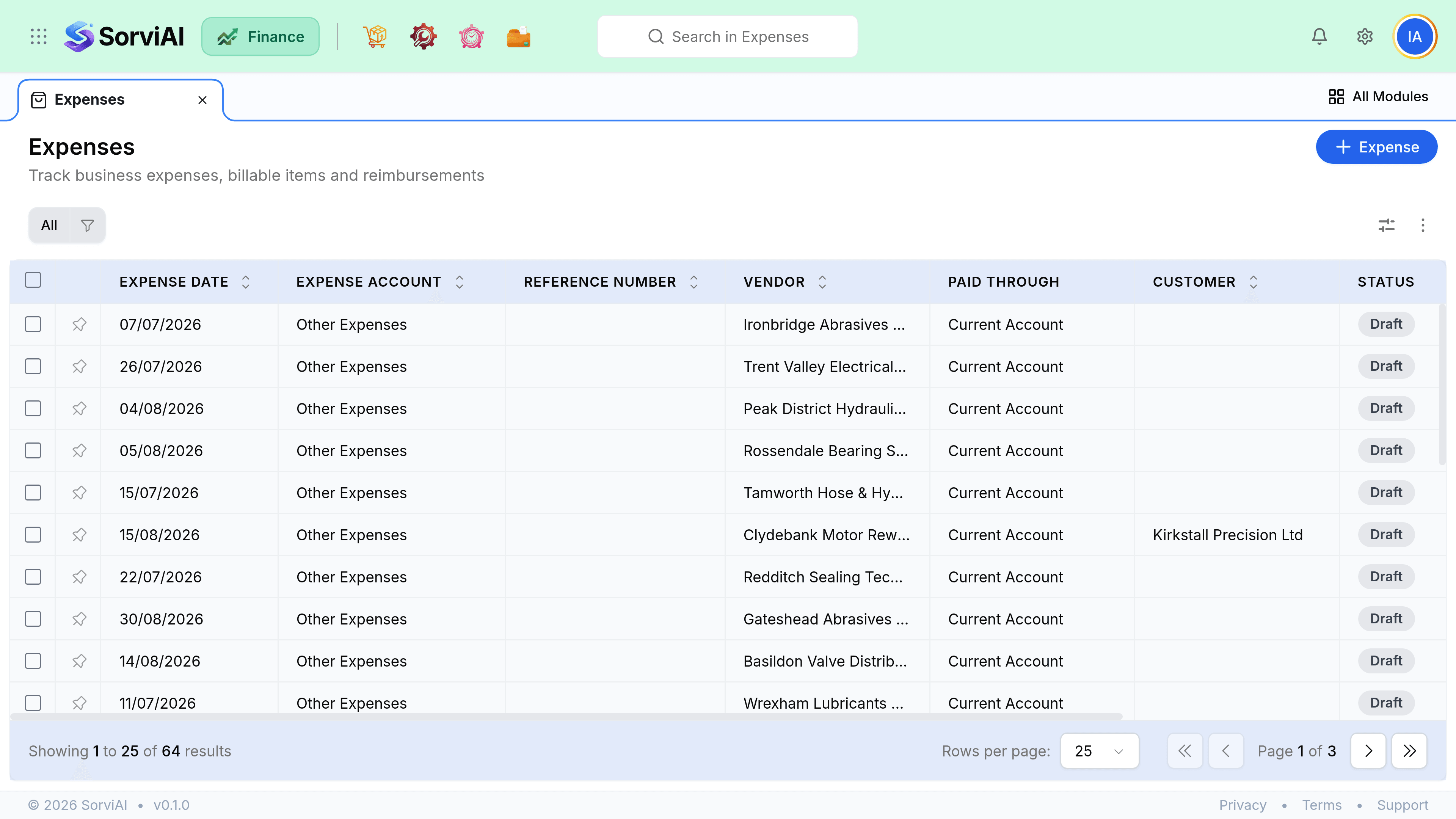 The Expenses table, with the Customer column sitting between Paid Through and Status. It is empty on most rows, which is how a cost that is not being rebilled appears, and carries Kirkstall Precision Ltd on the one expense that is being rebilled.