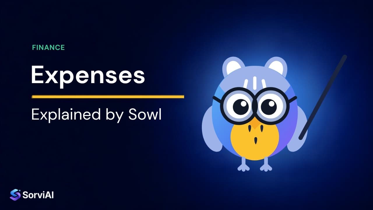 Expenses, explained by Sowl: the SorviAI tutor, a blue owl in round glasses holding a pointer.