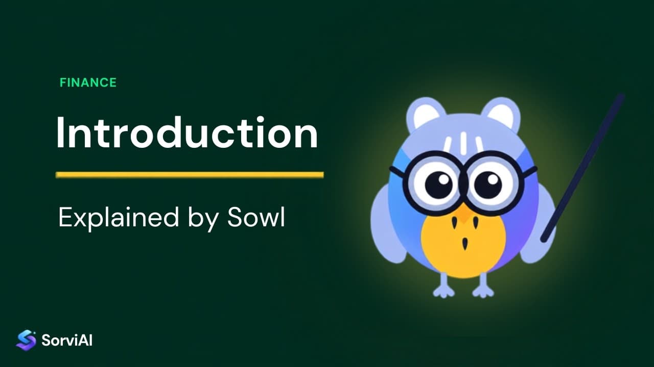 An introduction to SorviAI Finance, explained by Sowl: the SorviAI tutor, a blue owl in round glasses holding a pointer.