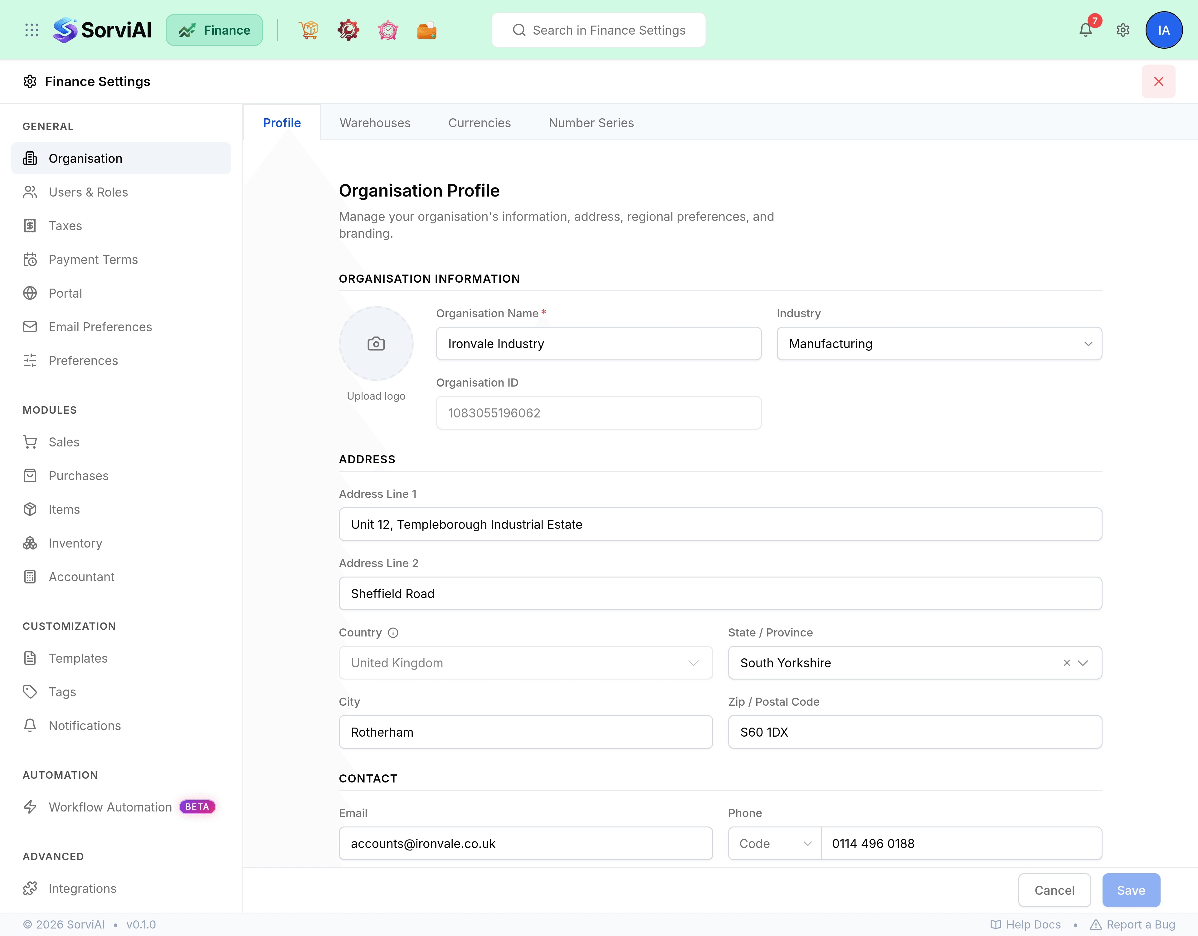 Finance Settings with a left menu grouped under General (Organisation, Users and Roles, Taxes, Payment Terms, Portal, Email Preferences, Preferences), Modules (Sales, Purchases, Items, Inventory, Accountant) and Customization (Templates, Tags, Notifications). Organisation is selected and shows tabs reading Profile, Warehouses, Currencies and Number Series. The Profile tab holds an Upload logo control, an Organisation Name field reading Ironvale Industry, an Industry picker, an Organisation ID, and address fields with Country set to United Kingdom.