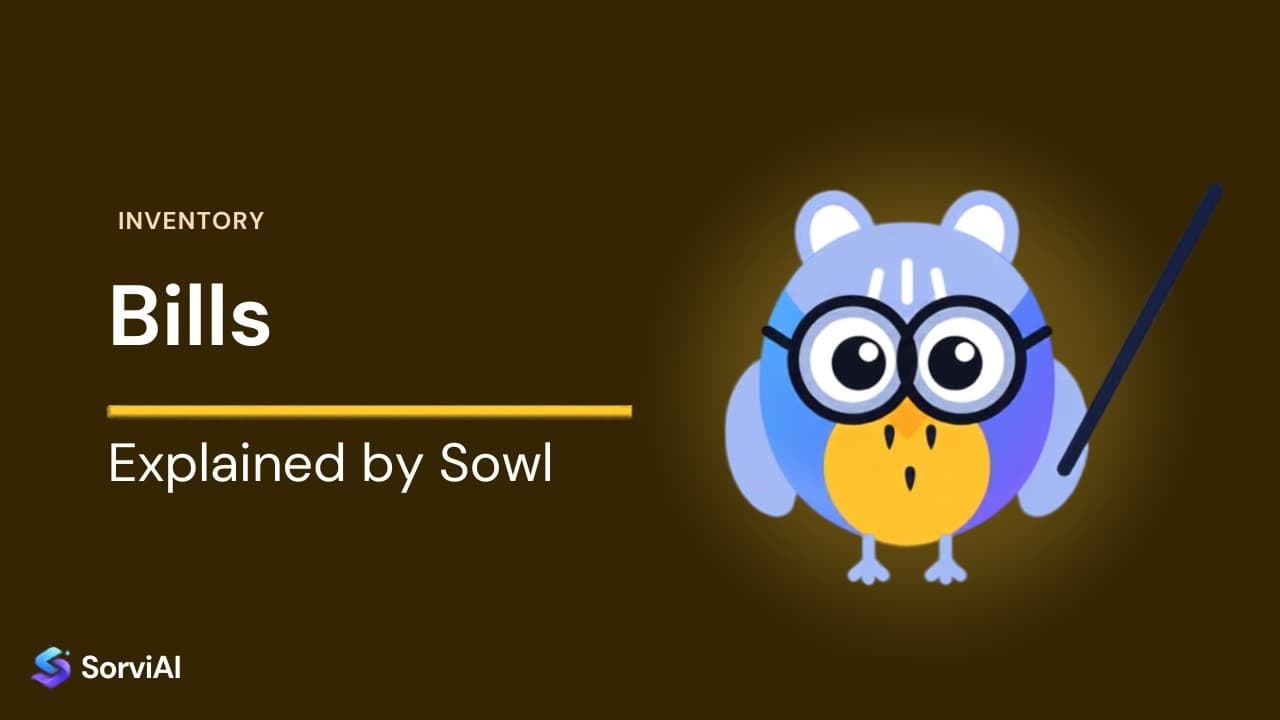Bills in Inventory, explained by Sowl: the SorviAI tutor, a blue owl in round glasses holding a pointer.