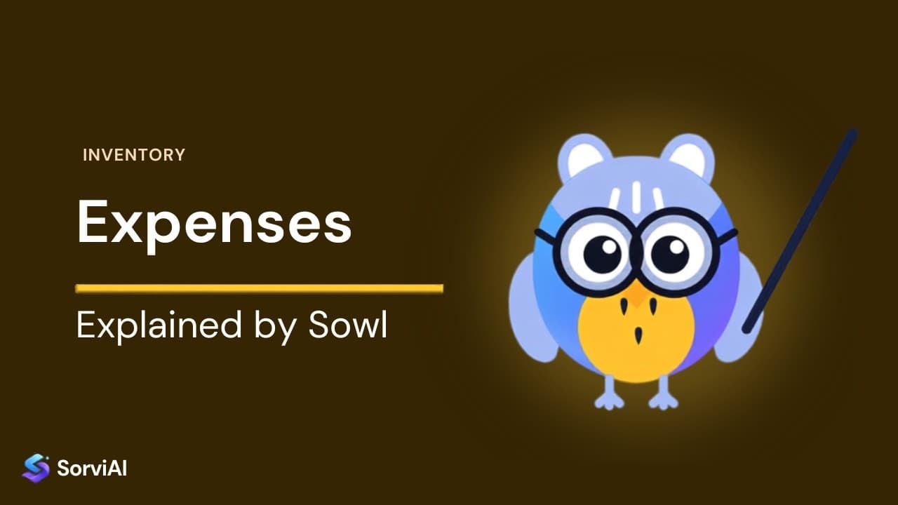 Expenses in Inventory, explained by Sowl: the SorviAI tutor, a blue owl in round glasses holding a pointer.