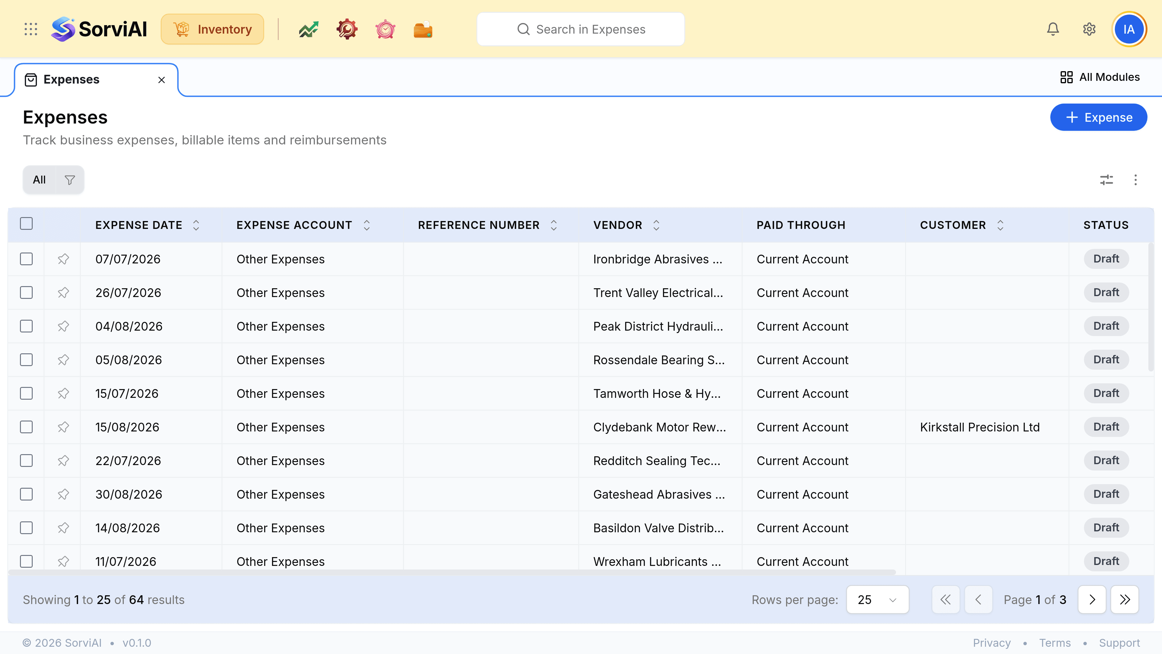 The Expenses list with columns for Expense Date, Expense Account, Reference Number, Vendor, Paid Through, Customer, Status and Total Amount, and the action for adding a new expense.