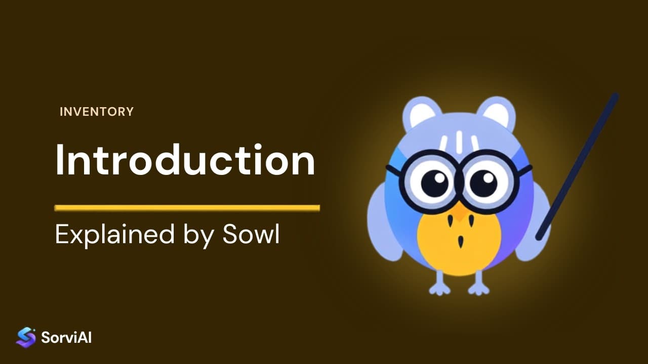 An introduction to SorviAI Inventory, explained by Sowl: the SorviAI tutor, a blue owl in round glasses holding a pointer.