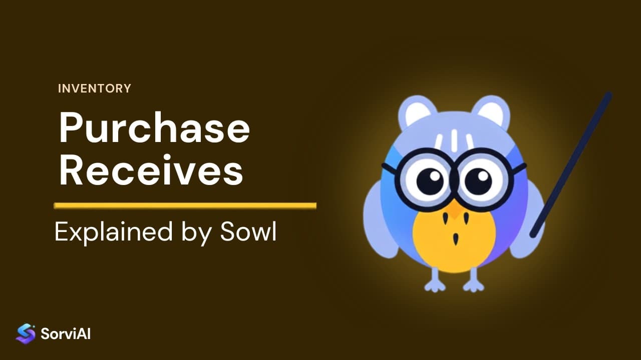 Purchase receives in Inventory, explained by Sowl: the SorviAI tutor, a blue owl in round glasses holding a pointer.