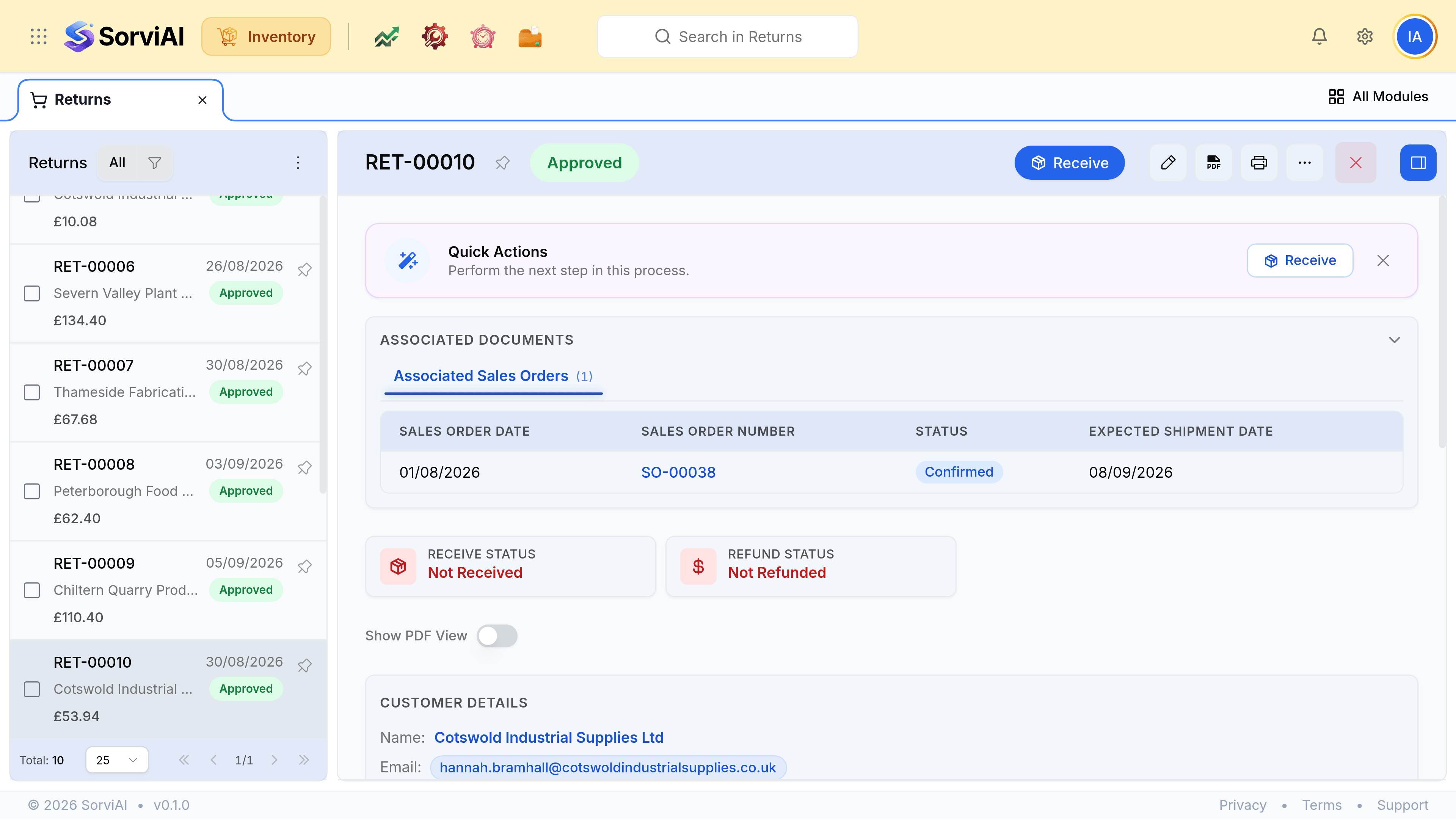 A sales return record showing its number and status, the sales order it was raised against, the customer, the lines and quantities coming back, and an activity panel at the right.