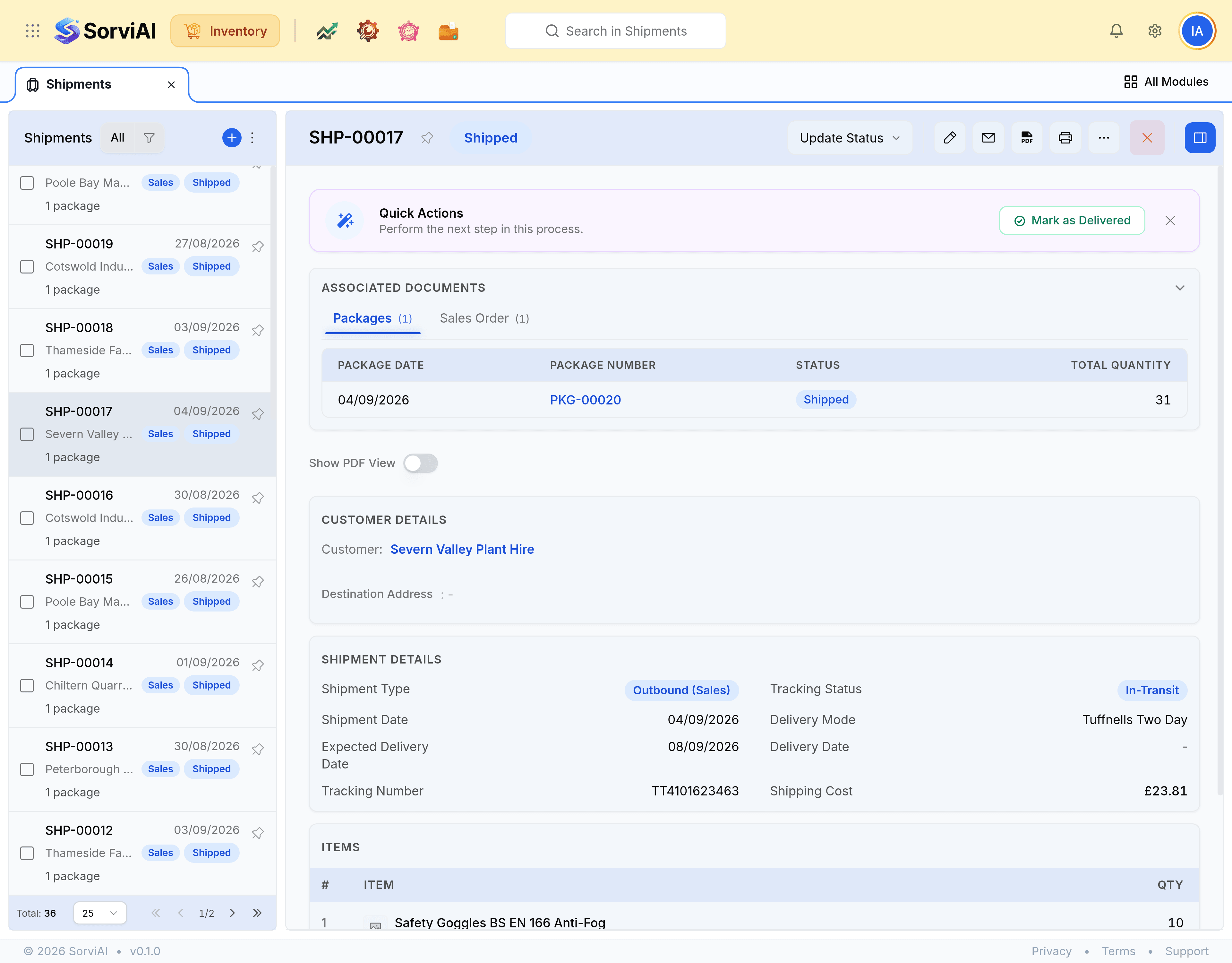 A shipment record showing its number and status, the package and source document it ships, the customer, the carrier and tracking number, and the dates, with an activity panel at the right recording the movement.