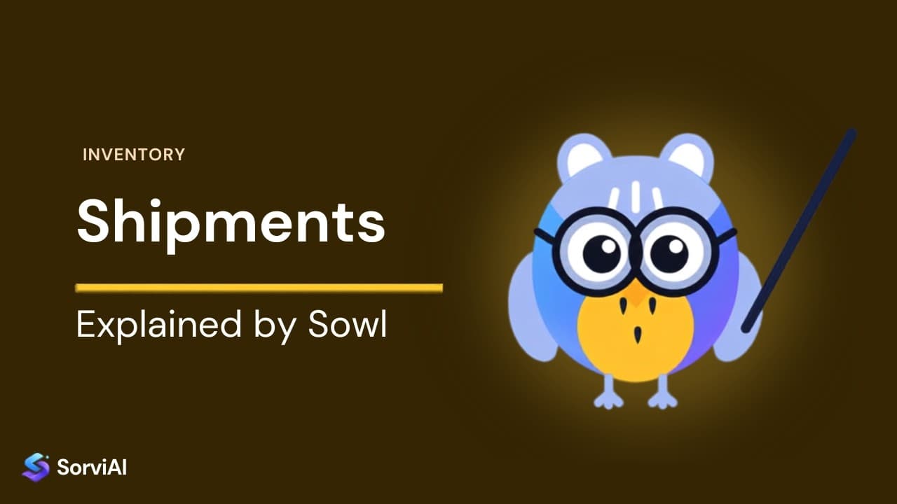 Shipments in Inventory, explained by Sowl: the SorviAI tutor, a blue owl in round glasses holding a pointer.