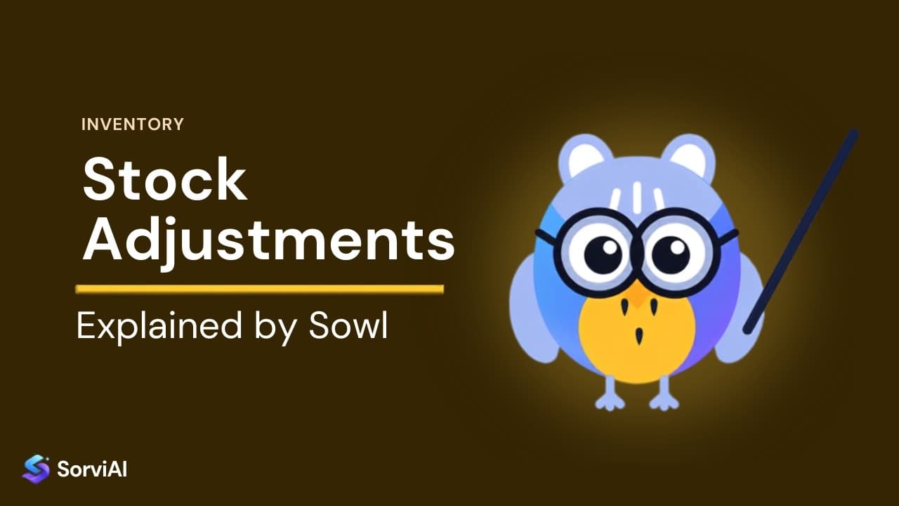 Stock adjustments in Inventory, explained by Sowl: the SorviAI tutor, a blue owl in round glasses holding a pointer.
