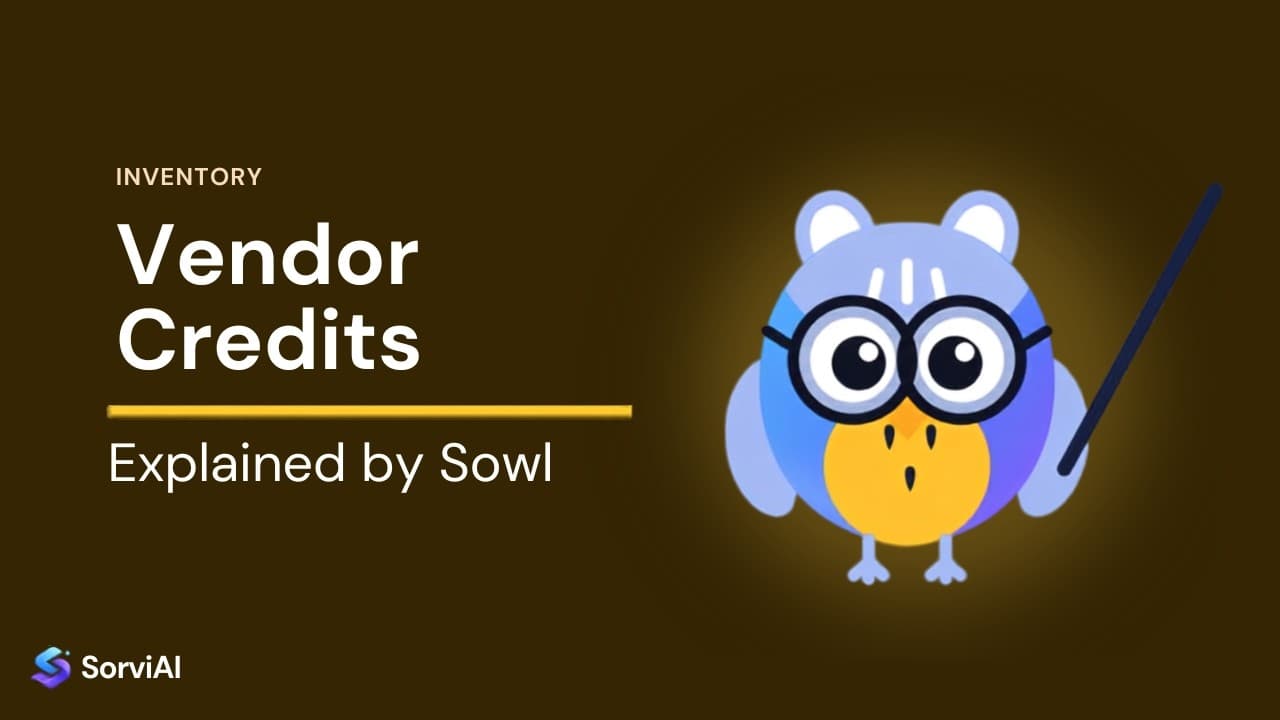 Vendor credits in Inventory, explained by Sowl: the SorviAI tutor, a blue owl in round glasses holding a pointer.