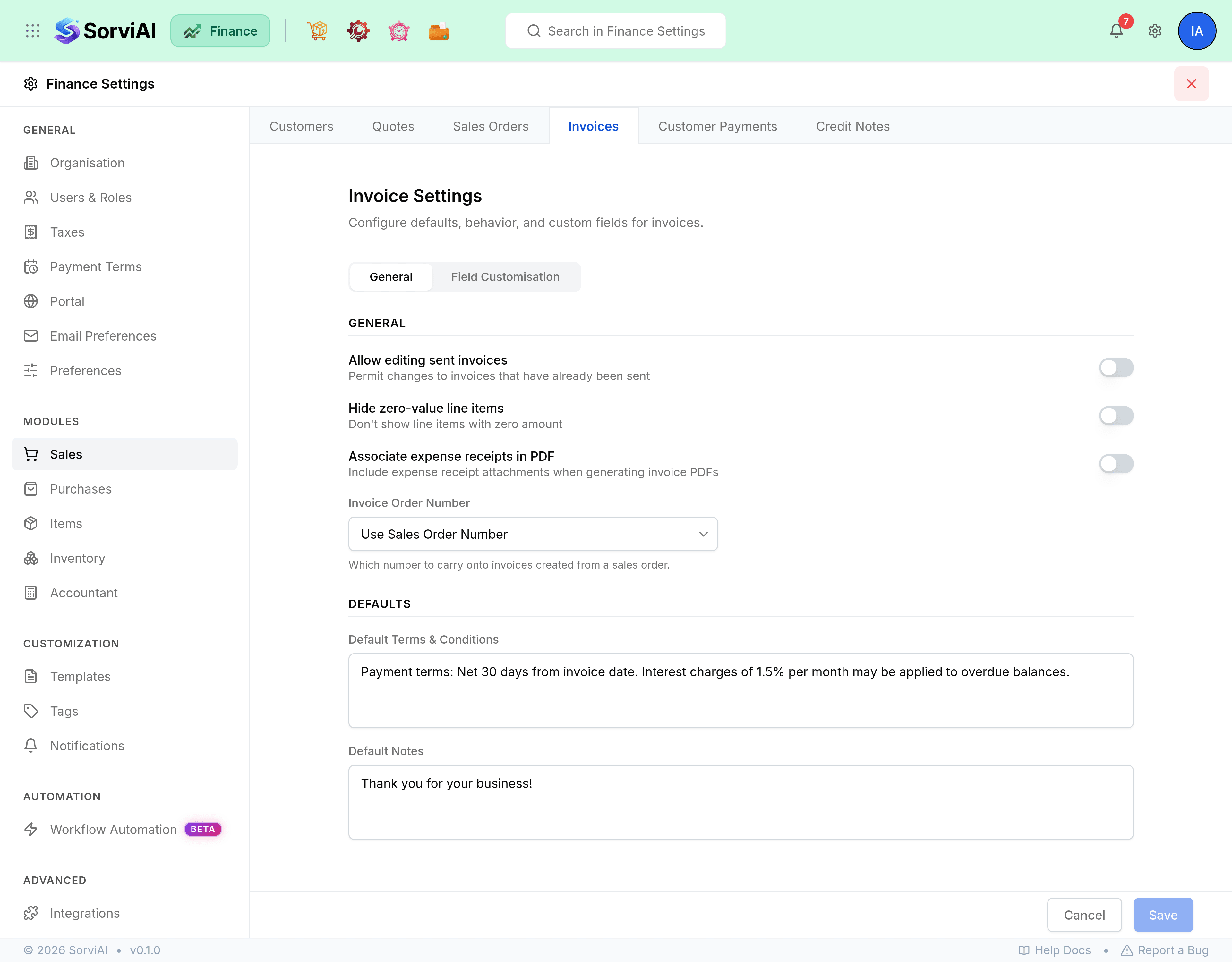 The Invoice Settings tab of Finance Settings. Switches cover allowing edits to sent invoices, hiding zero-value line items and attaching expense receipts to the PDF. An Invoice Order Number picker is set to Use Sales Order Number, and a Defaults section holds default terms and conditions and default notes.