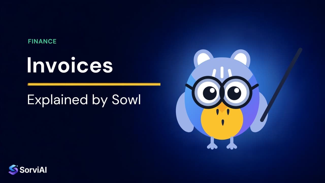 Invoices, explained by Sowl: the SorviAI tutor, a blue owl in round glasses holding a pointer.