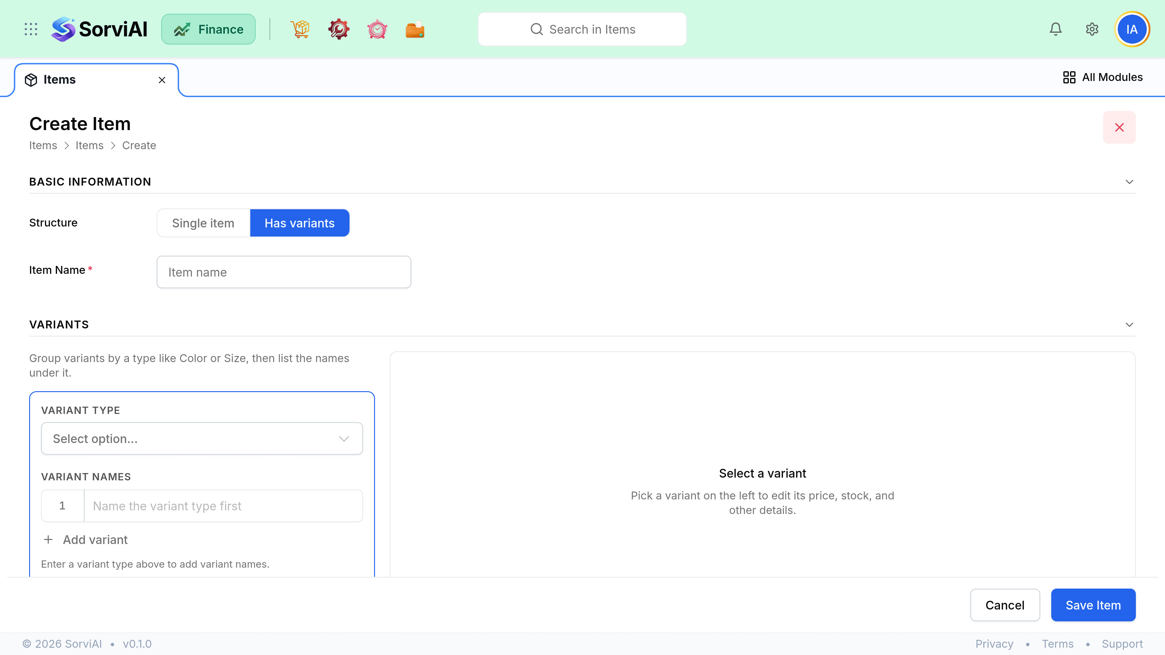 The Create Item form with Structure set to Single item. Basic information holds the name; Product information holds Type set to Goods, SKU, Unit, Returnable and Lead time, with an image upload panel beside them.