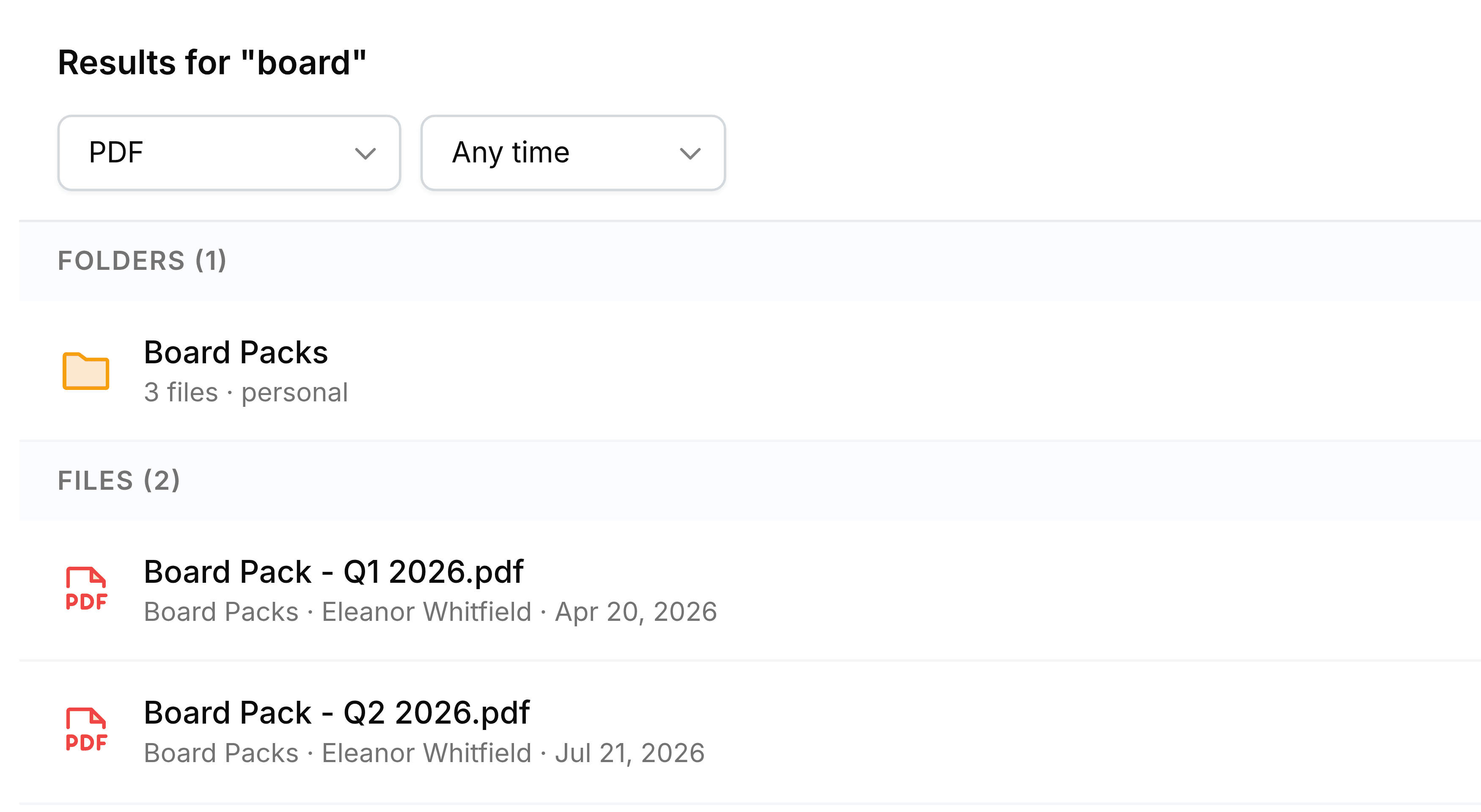 Search results for board with the type filter set to PDF. The count reads 3 results: the Board Packs folder under Folders (1), and under Files (2) only Board Pack - Q1 2026.pdf and Board Pack - Q2 2026.pdf.