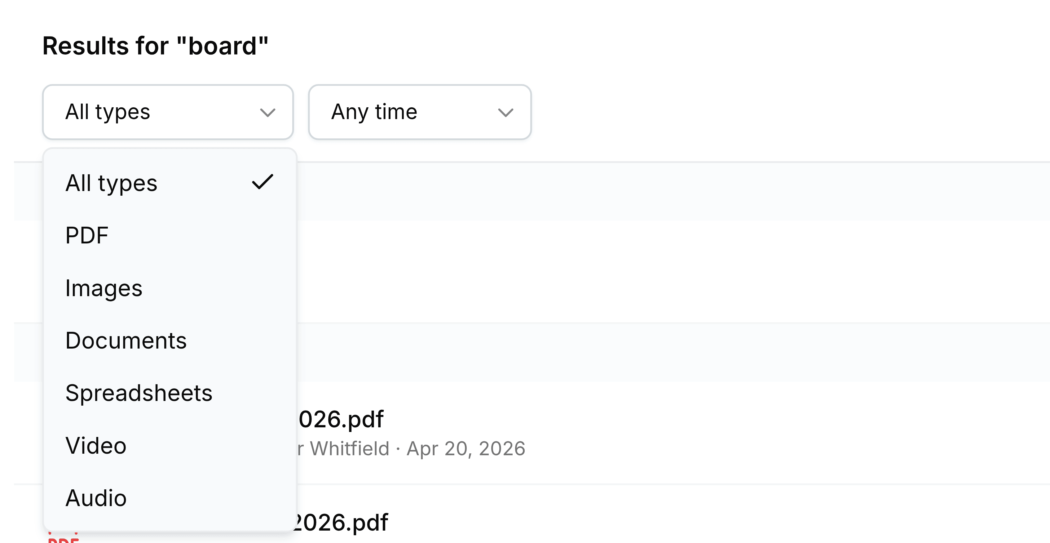 The type filter on the search results page, open to show All types, ticked, then PDF, Images, Documents, Spreadsheets, Video and Audio.