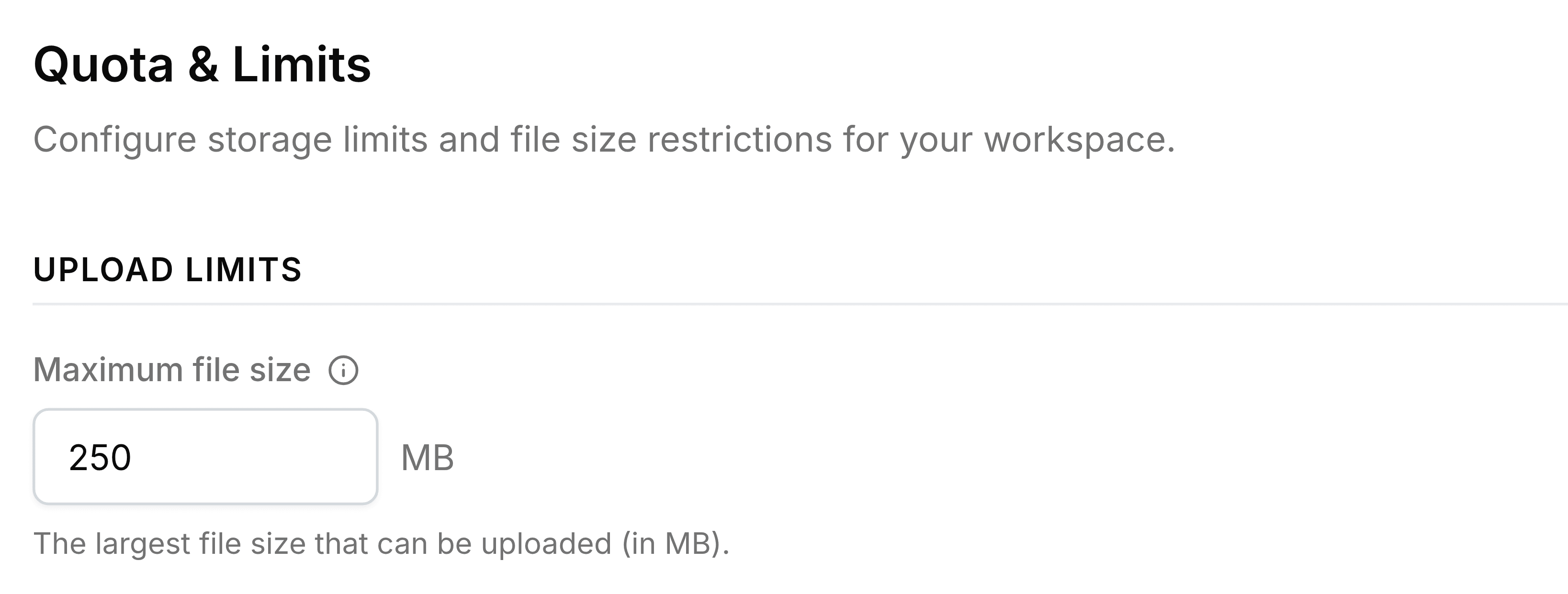 The Quota & Limits tab, headed Quota & Limits with the line Configure storage limits and file size restrictions for your workspace. Under Upload Limits, the Maximum file size box reads 250 MB, with the note The largest file size that can be uploaded (in MB).