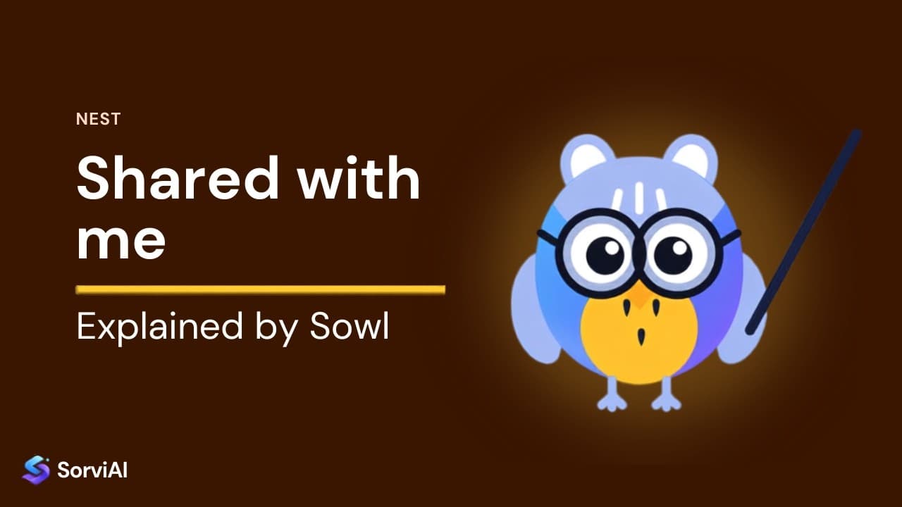Shared with Me in Nest, explained by Sowl: the SorviAI tutor, a blue owl in round glasses holding a pointer.