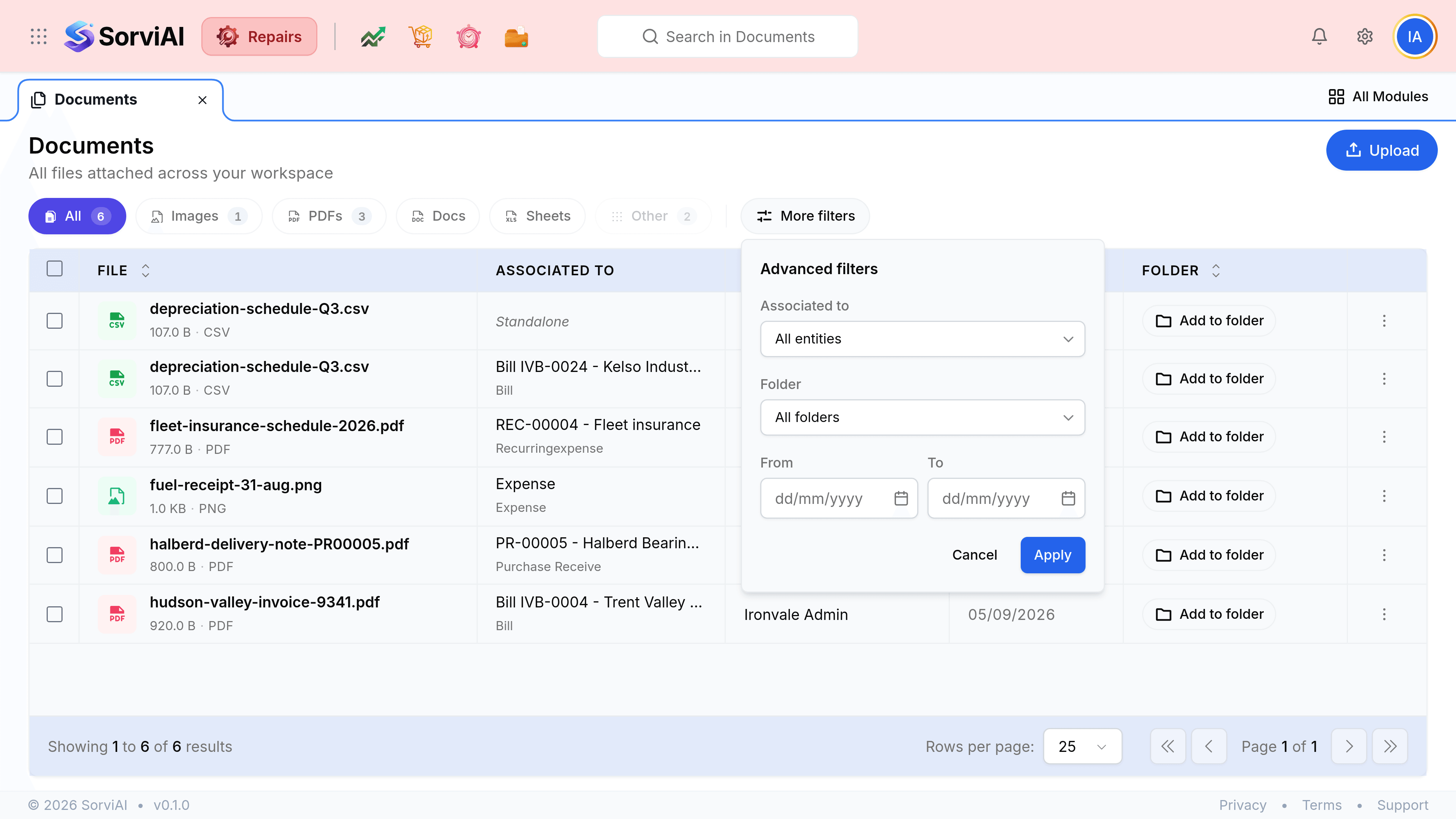 The Documents screen with an Advanced filters popover open from the More filters button. It holds an Associated to picker set to All entities, a Folder picker set to All folders, and From and To date fields in day, month, year format, above Cancel and Apply buttons. Behind it the type chips read All 6, Images 1, PDFs 3, Docs, Sheets and Other 2.