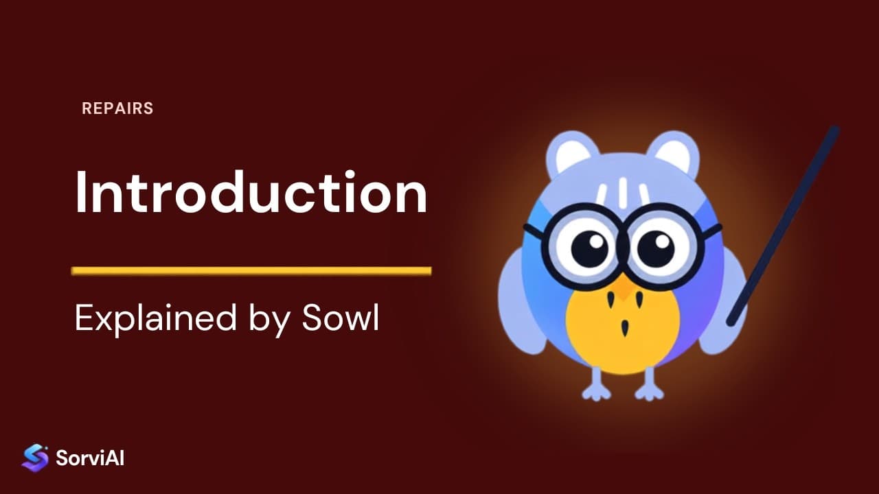 An introduction to SorviAI Repairs, explained by Sowl: the SorviAI tutor, a blue owl in round glasses holding a pointer.