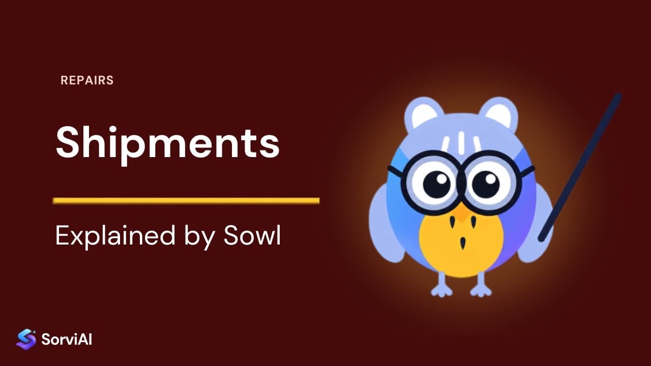 Shipments in Repairs, explained by Sowl: the SorviAI tutor, a blue owl in round glasses holding a pointer.
