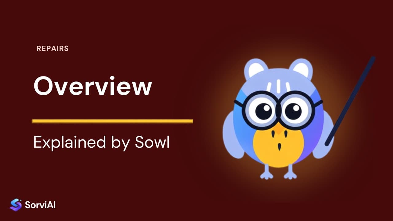 The Repairs Overview, explained by Sowl: the SorviAI tutor, a blue owl in round glasses holding a pointer.