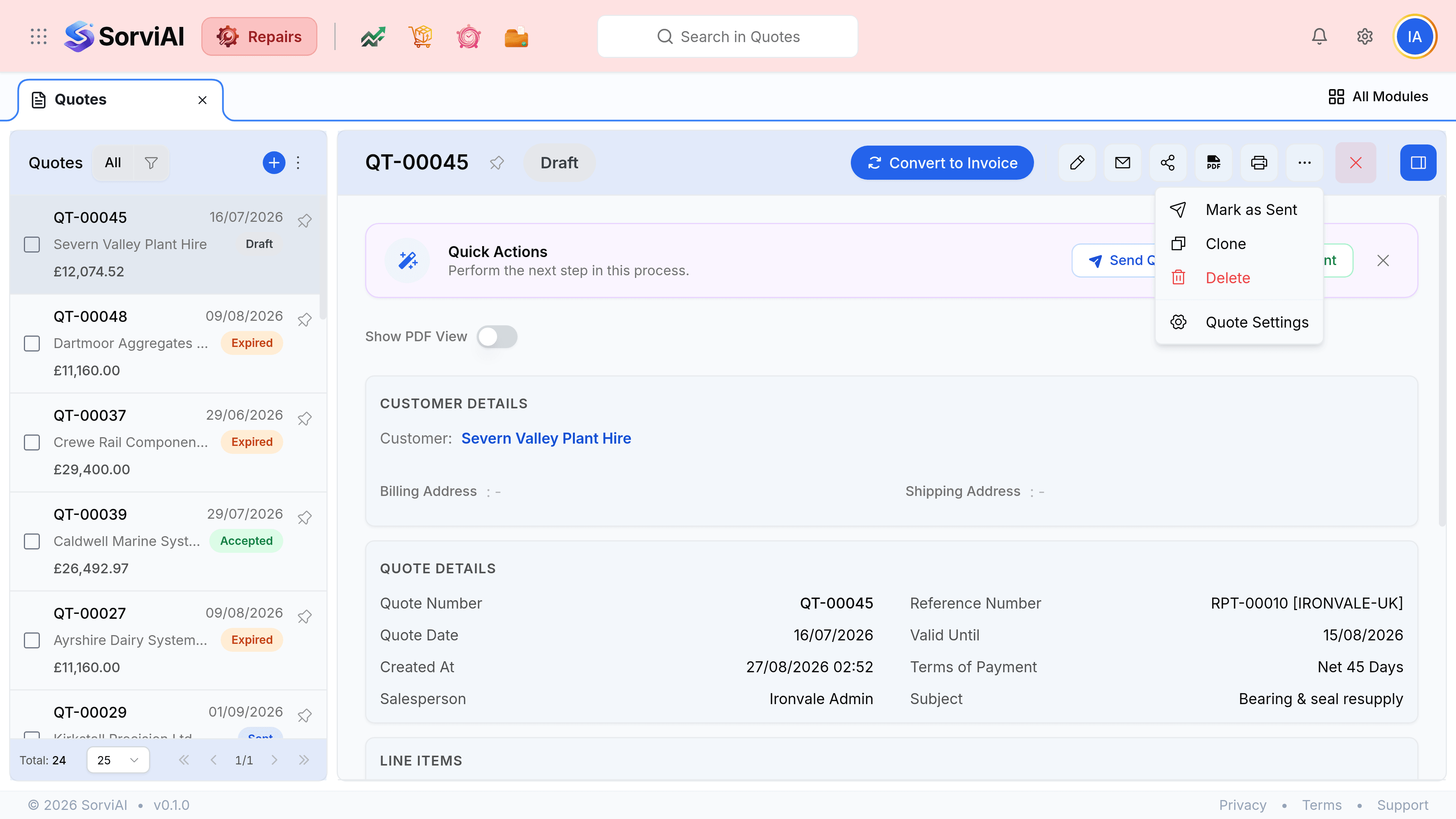 Quote QT-00039, badged Accepted, with the Convert menu open in its header showing two entries: Convert to Invoice and Convert to Repair Ticket. A Quick Actions banner behind it offers a Convert to Invoice button. Quote Details show Reference Number RPT-00014 with an IRONVALE-UK tag and Valid Until 28/08/2026.