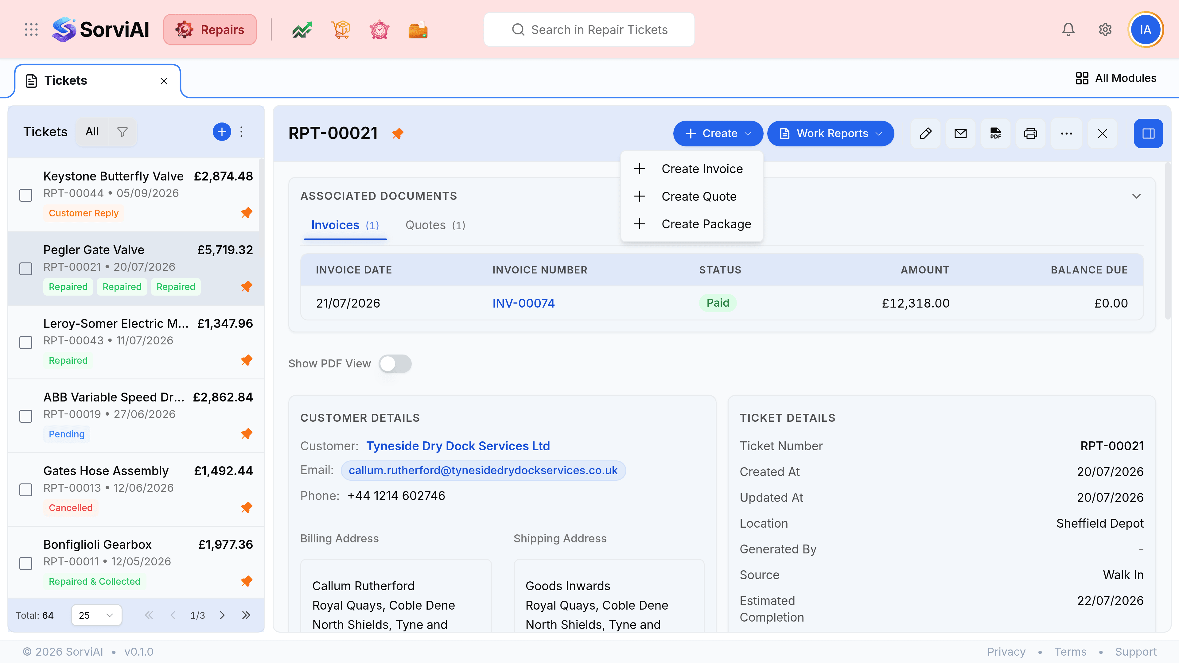 Ticket RPT-00021 with the Create menu open in its header, offering three entries each with a plus icon: Create Invoice, Create Estimate and Create Package. Behind the menu the Associated Documents panel is on its Quotes tab, showing quote QT-00030 dated 16/07/2026, marked Draft, for 12,074.52 pounds.
