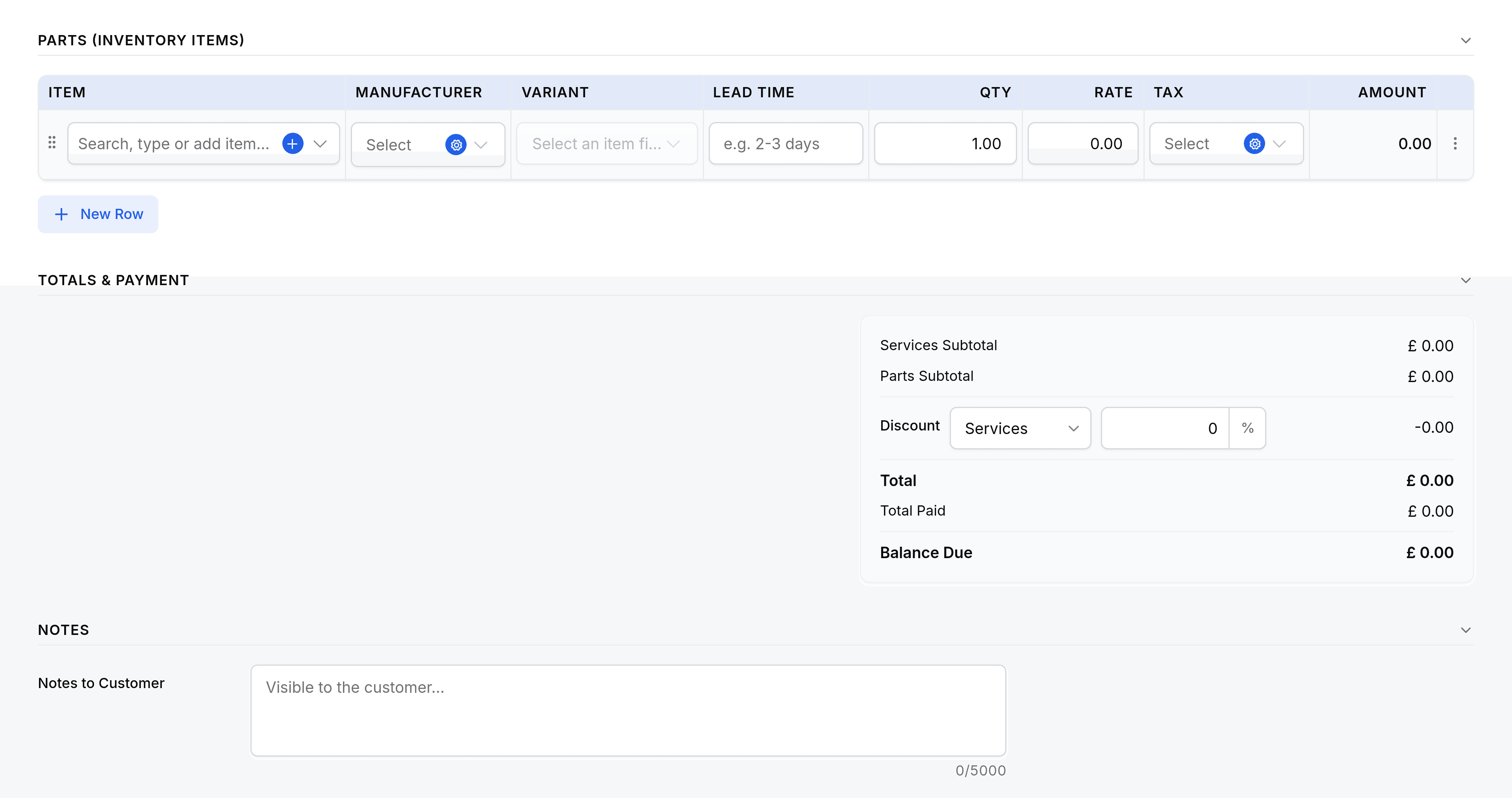 The lower half of the Create Repair Ticket form. A Parts (Inventory Items) table sits above a Totals & Payment panel listing Services Subtotal, Parts Subtotal, a Discount row with a picker set to Services and a percentage field, then Total, Total Paid and Balance Due, each showing zero pounds. A Notes section below holds a Notes to Customer box reading Visible to the customer.