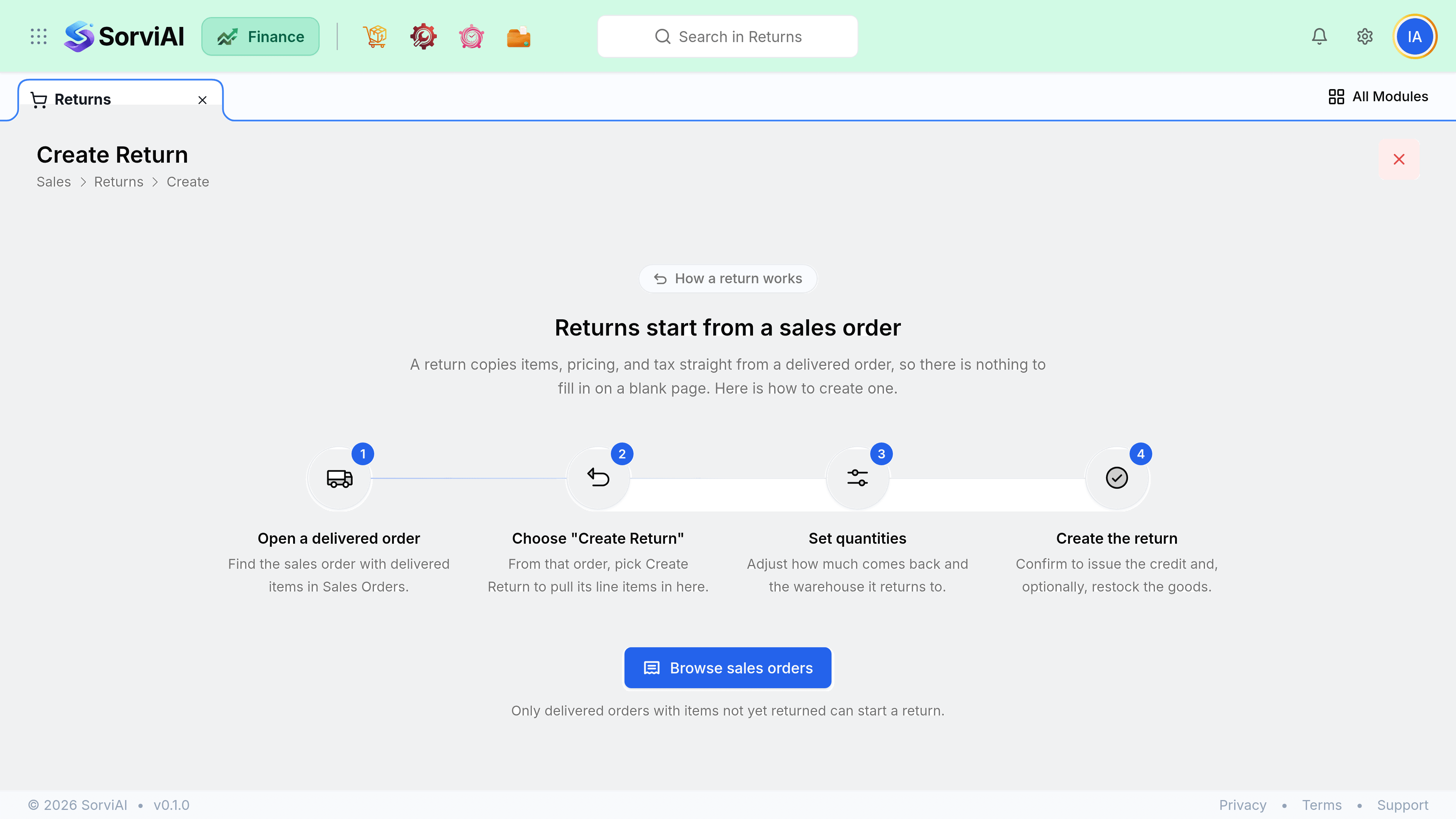 The Create Sales Return screen, headed: Returns start from a sales order. It explains that a return copies items, pricing and tax straight from a delivered order, then shows four numbered steps and a Browse sales orders button, with a note that only delivered orders with items not yet returned can start a return.