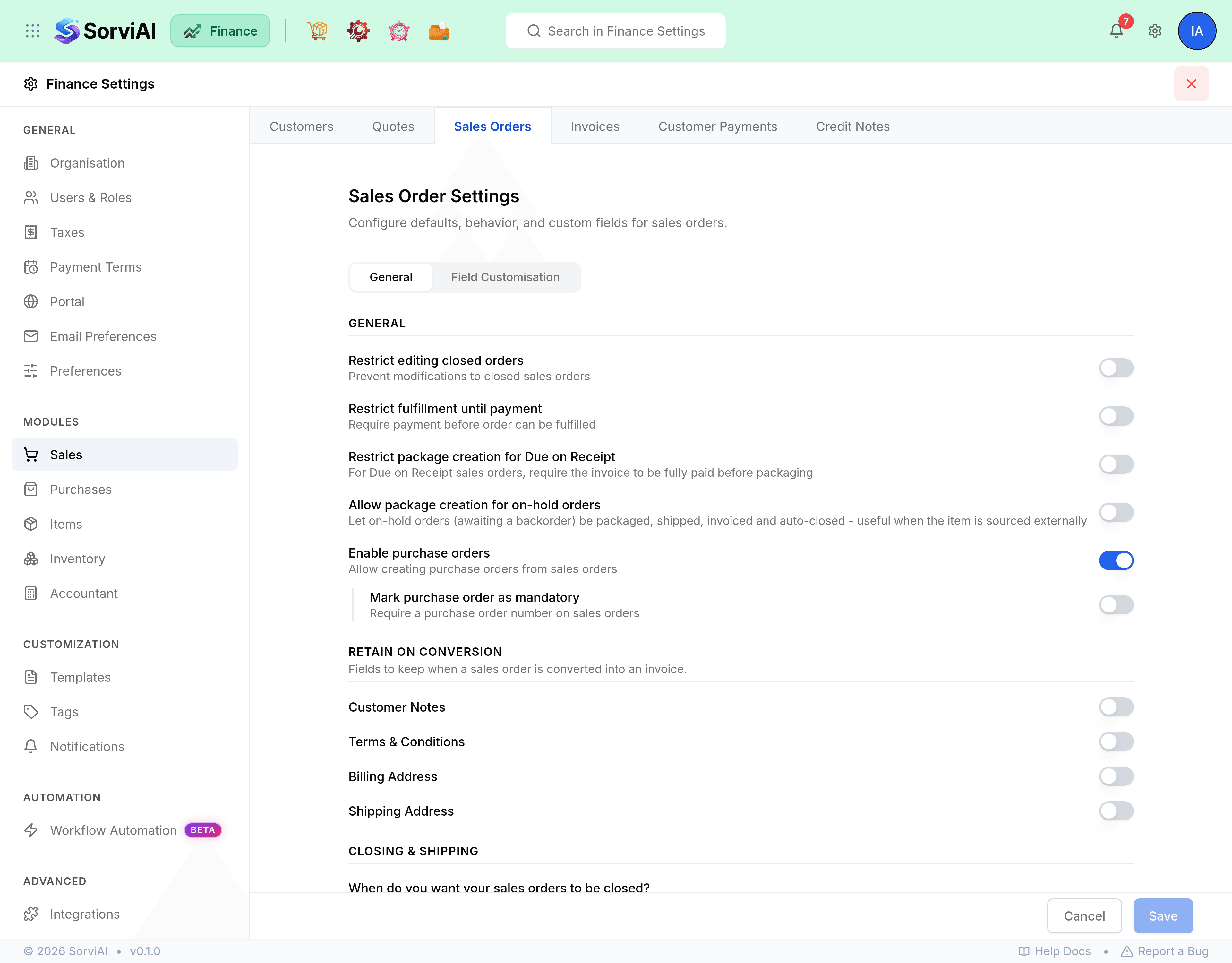 The Sales Order Settings tab of Finance Settings. Switches cover restricting edits to closed orders, restricting fulfilment until payment, restricting package creation for Due on Receipt orders, allowing packages on on-hold orders, and enabling purchase orders. A Retain on Conversion section lists Customer Notes, Terms and Conditions, Billing Address and Shipping Address.