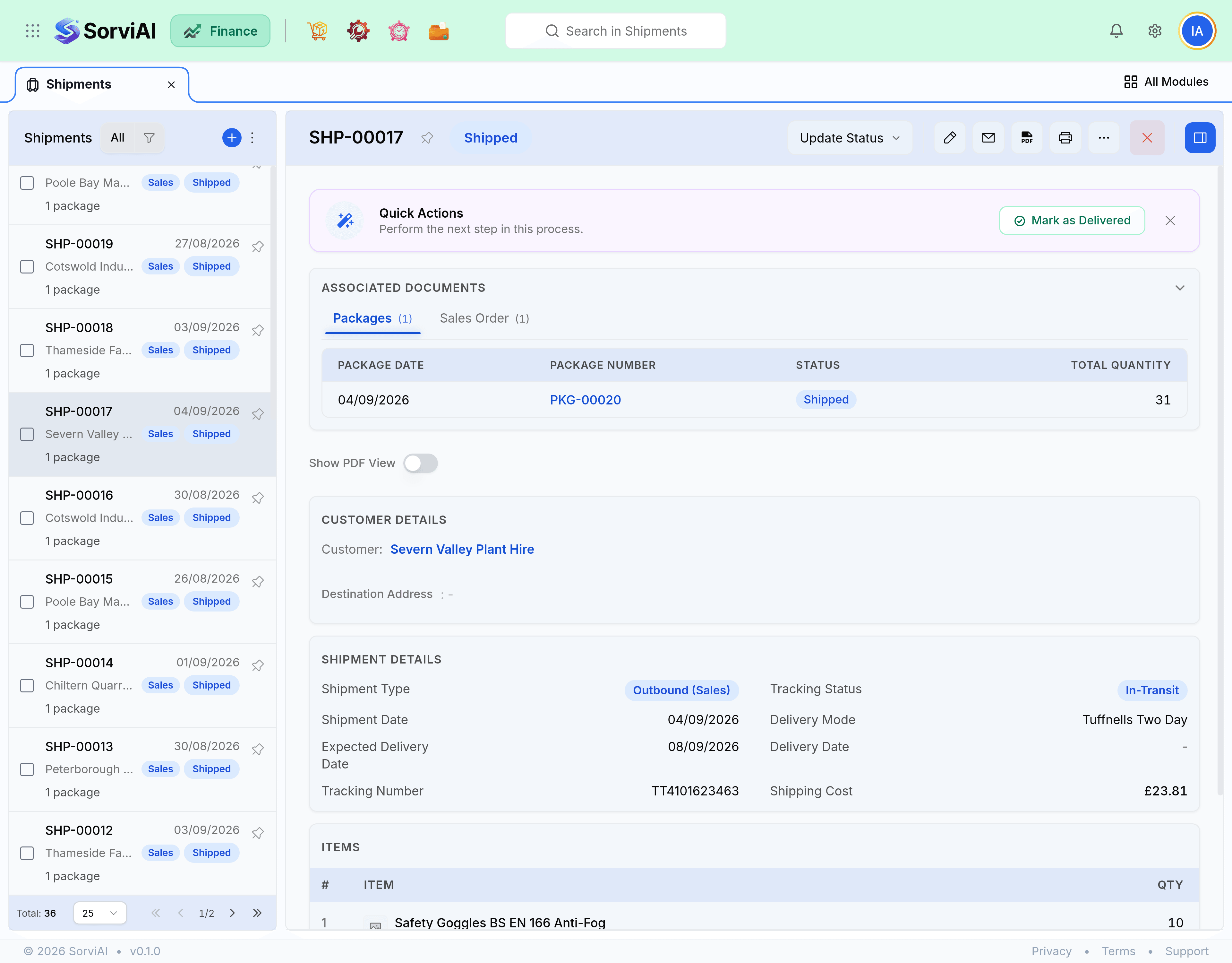 An open shipment, SHP-00002, showing the sales order and customer it belongs to, the packages it carries, its tracking number, shipping cost and status.