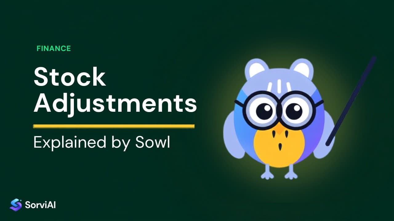 Stock adjustments, explained by Sowl: the SorviAI tutor, a blue owl in round glasses holding a pointer.