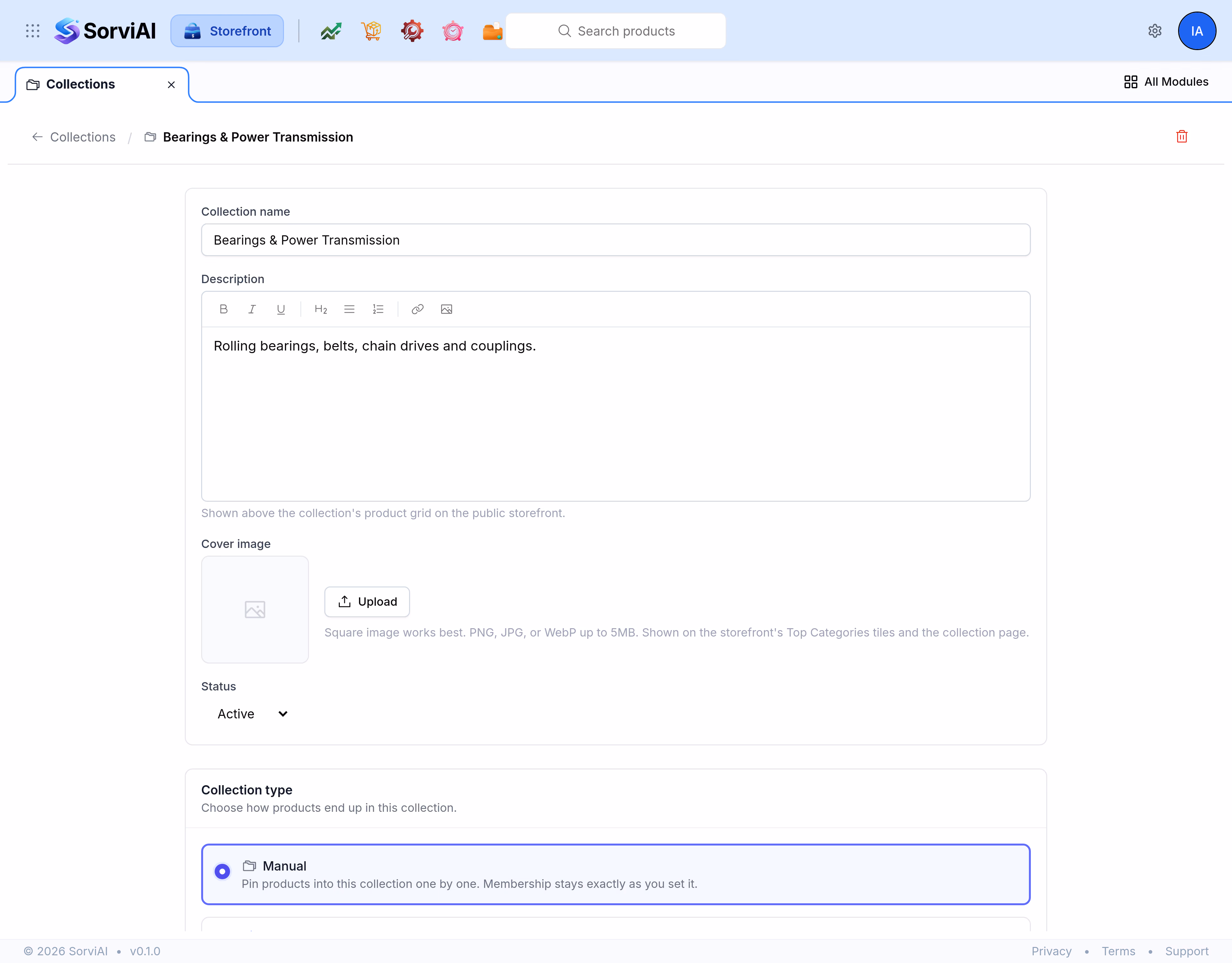 A collection open for editing, with Collection name, a Description editor, a Cover image control and a Status of Active, then a Collection type card offering Manual and Smart.