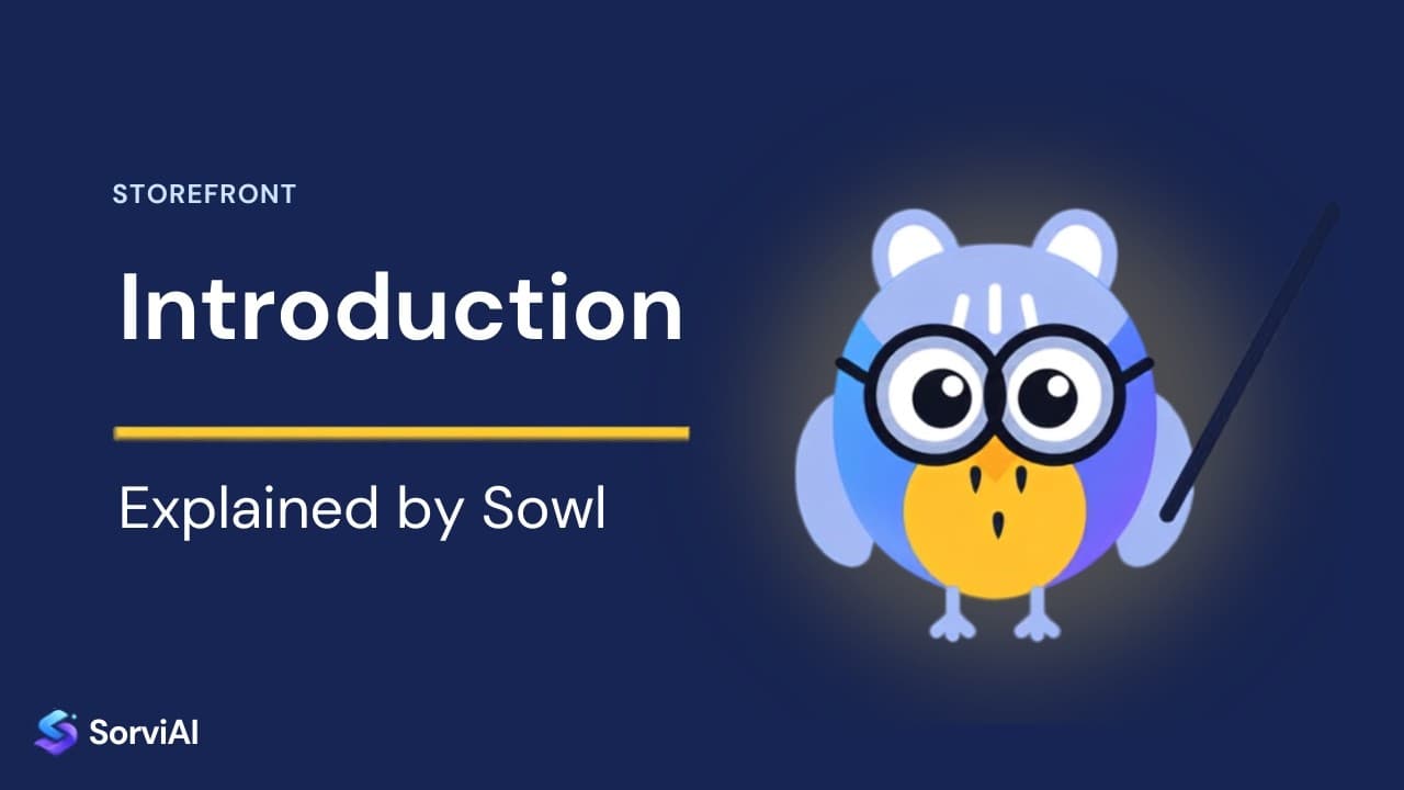 An introduction to SorviAI Storefront, explained by Sowl: the SorviAI tutor, a blue owl in round glasses holding a pointer.