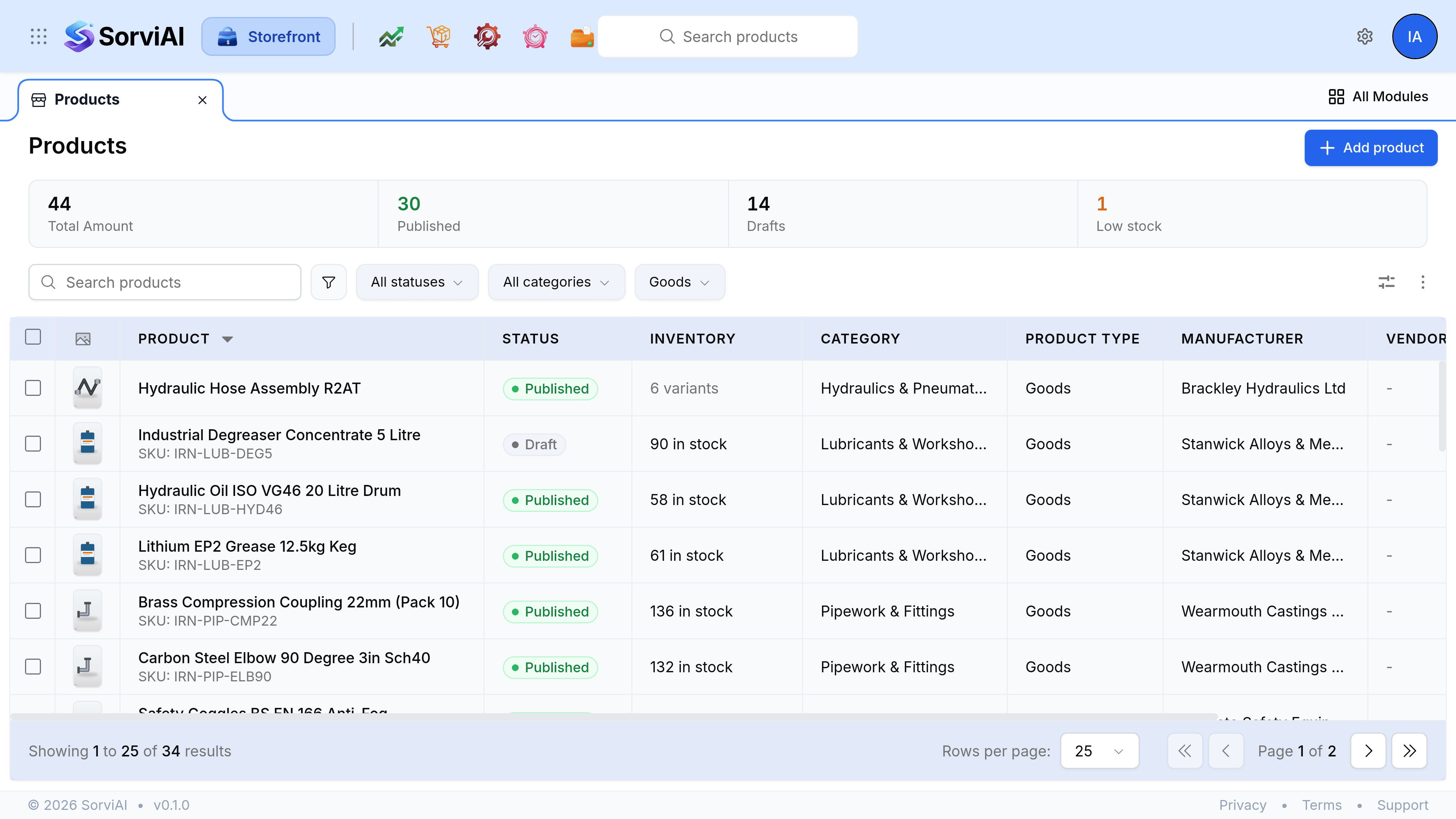 The Storefront Products list. The header carries the app switcher, the SorviAI logo, a Storefront pill, a row of app icons and a Search products box. Below it a tab bar holds one Products tab with All Modules at the far right.