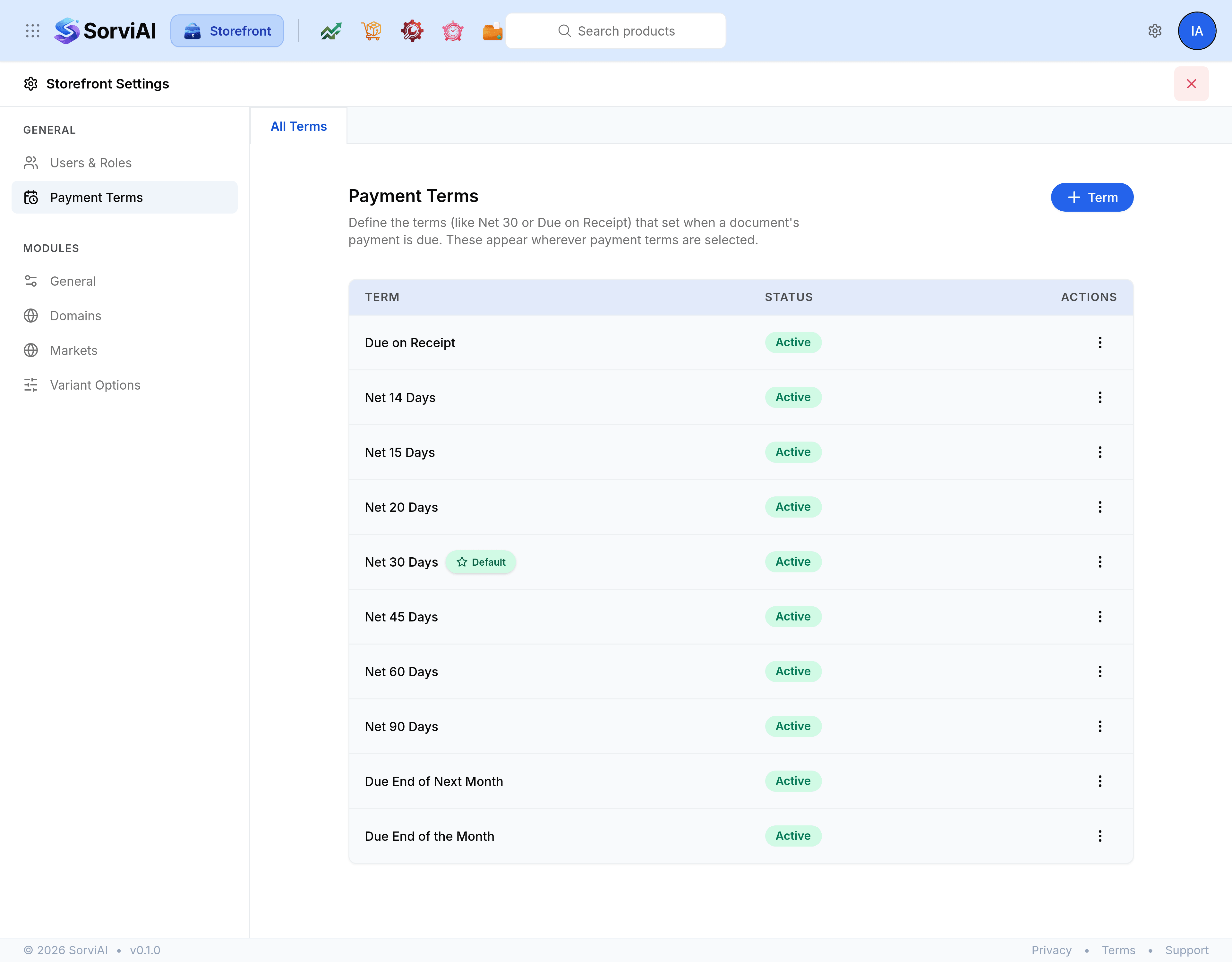 The Payment Terms screen, headed with the note Define the terms that set when a document payment is due. The table lists Due on Receipt, Net 14 Days, Net 15 Days, Net 20 Days, Net 30 Days marked Default, Net 45 Days, Net 60 Days, Net 90 Days, Due End of Next Month and Due End of the Month, all Active.