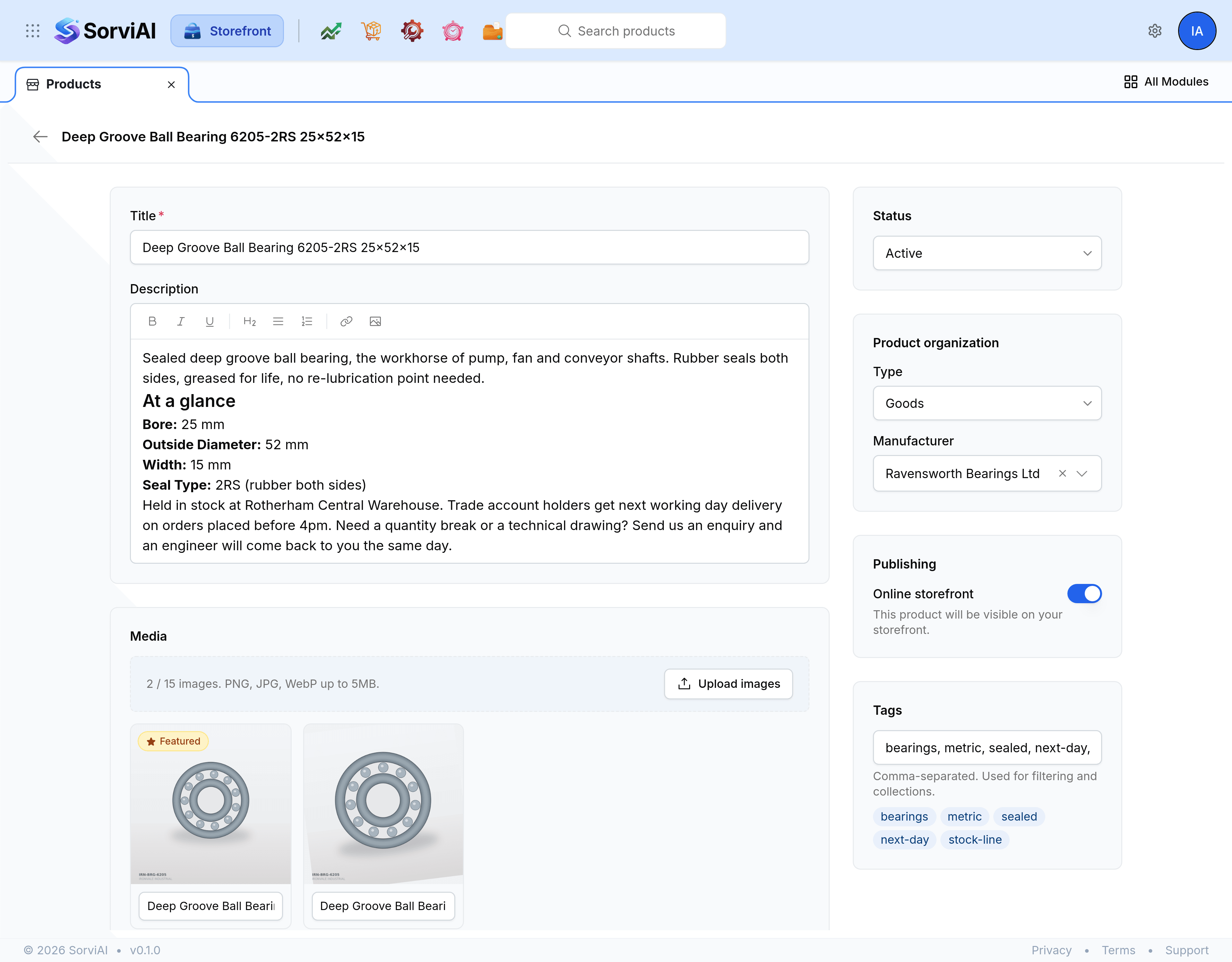 The top of a product page for Deep Groove Ball Bearing 6205-2RS 25x52x15. Title holds the product name and Description holds formatted text with a toolbar of bold, italic, underline, heading, list, link and image controls.