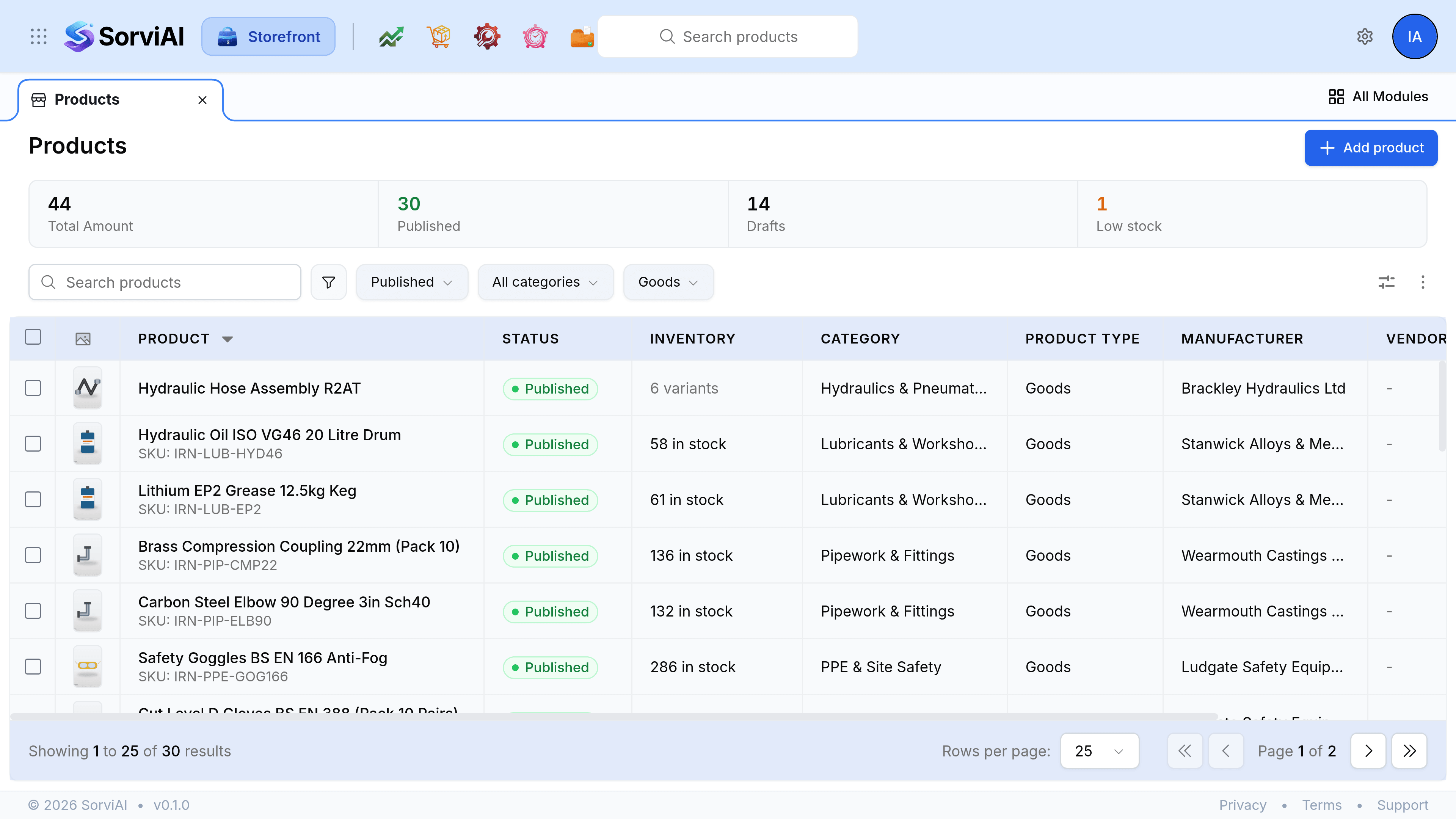 The Products list narrowed by the filter pills above the table, with the Published and Goods filters applied and the result count updated underneath.