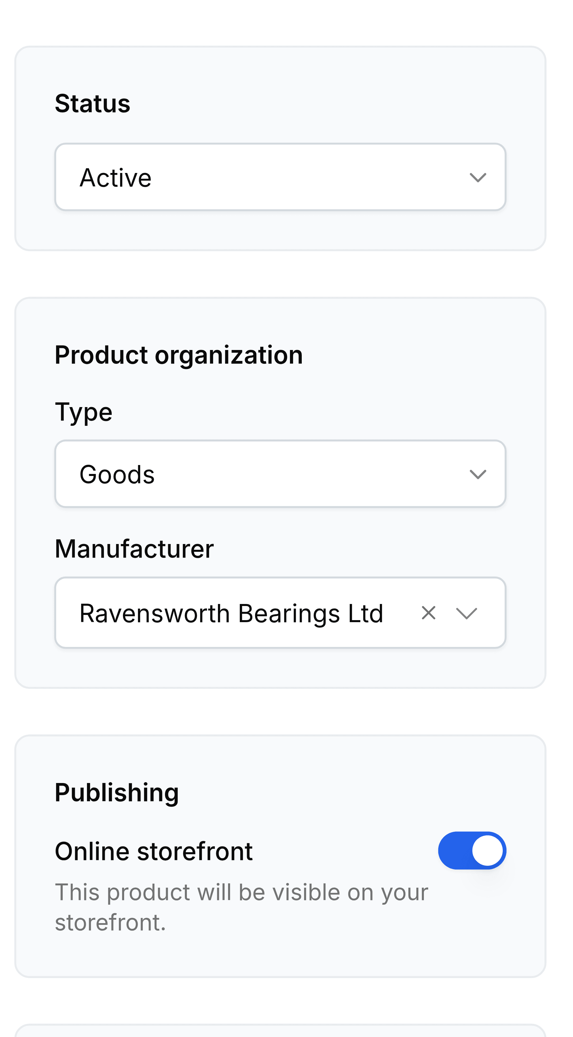 The Status, Product organization, Publishing and Tags cards down the right of a product. The Publishing card holds a single switch labelled Online storefront, turned on, above the note This product will be visible on your storefront.