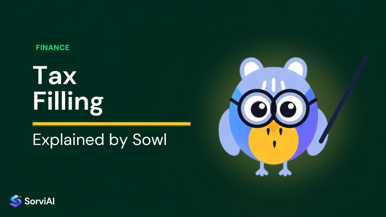 Tax filing, explained by Sowl: the SorviAI tutor, a blue owl in round glasses holding a pointer.