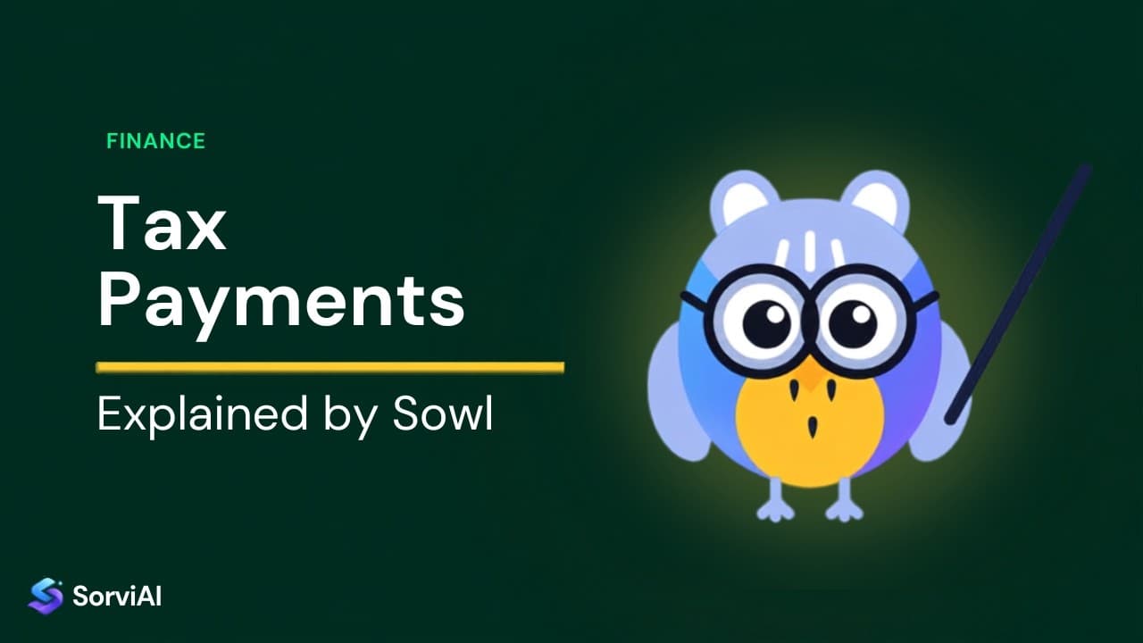 Tax payments, explained by Sowl: the SorviAI tutor, a blue owl in round glasses holding a pointer.