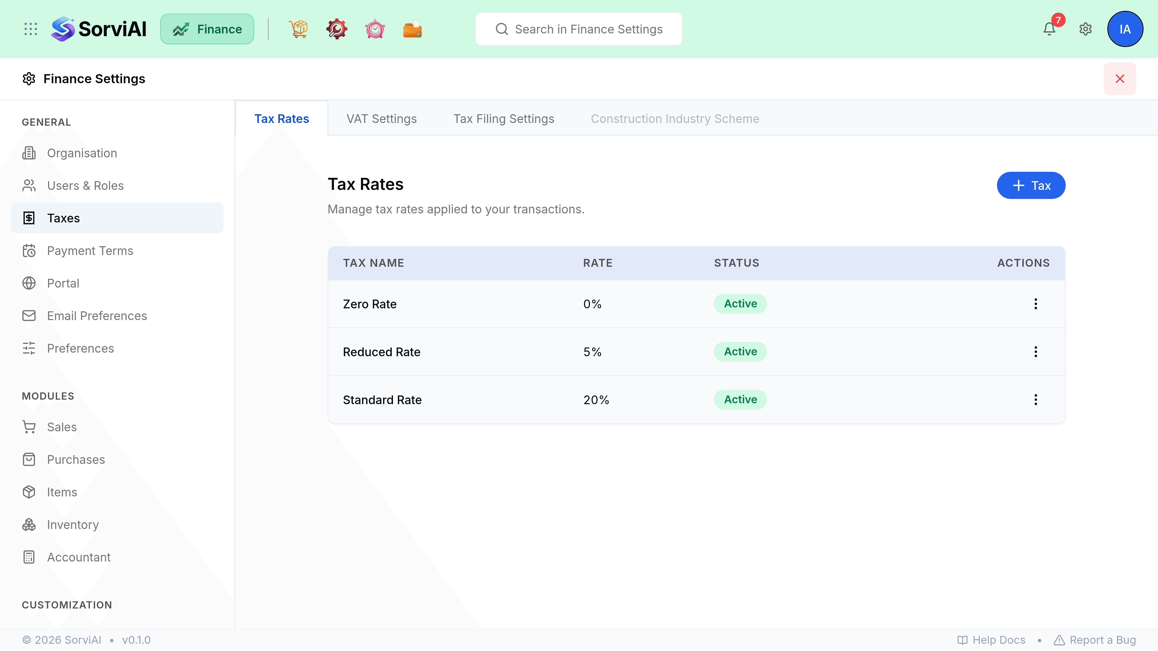 The Tax Rates tab of Finance Settings, listing Zero Rate at 0%, Reduced Rate at 5% and Standard Rate at 20%, each Active, with a + Tax button above them.