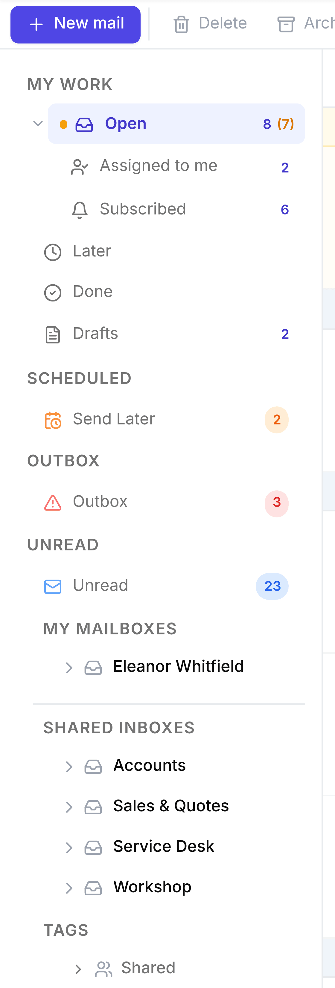 The TeamEmail sidebar. The upper half holds views: My Work with Open, Assigned to me, Subscribed, Later, Done and Drafts; then Scheduled with Send Later; then Outbox; then Unread. The lower half holds mailboxes: My Mailboxes with Eleanor Whitfield, then Shared Inboxes listing Accounts, Sales and Quotes, Service Desk and Workshop, then Tags.
