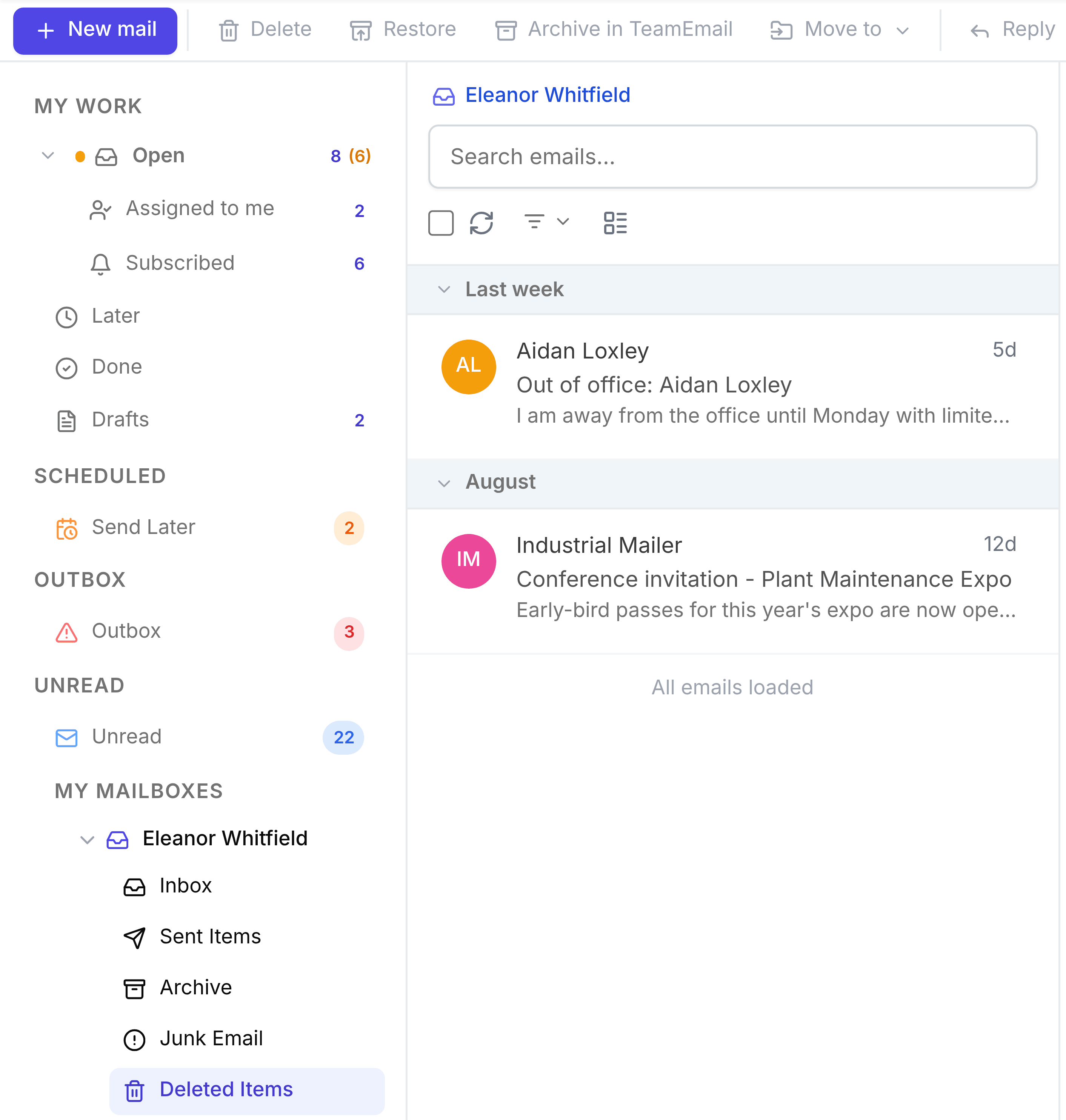 Eleanor Whitfield's mailbox with Deleted Items selected at the foot of the folder list, listing an out-of-office reply from Aidan Loxley and a conference invitation.