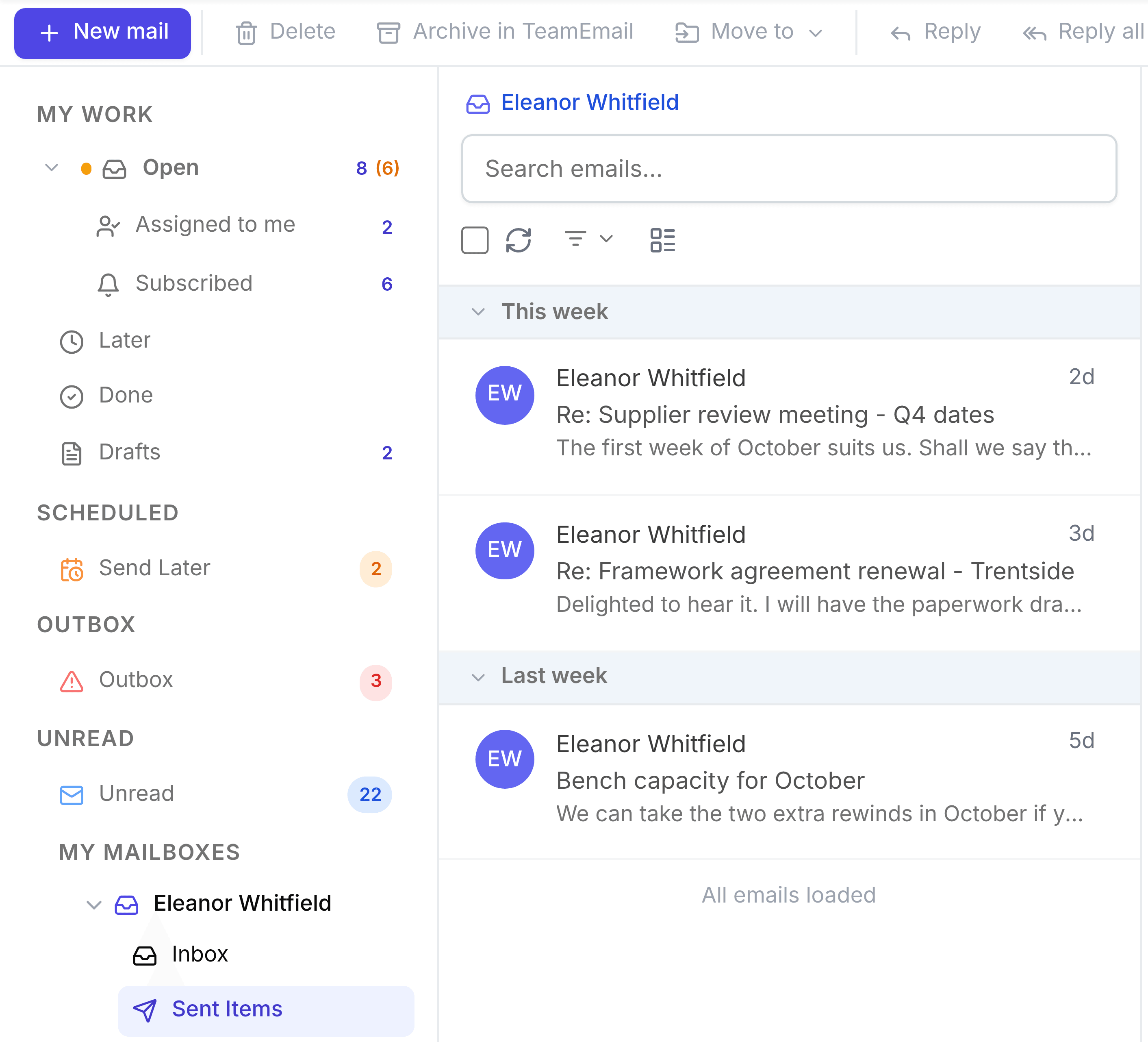Eleanor Whitfield's mailbox with Sent Items selected, listing her own replies: one about Q4 supplier review dates, one confirming a framework renewal, and one about bench capacity for October.